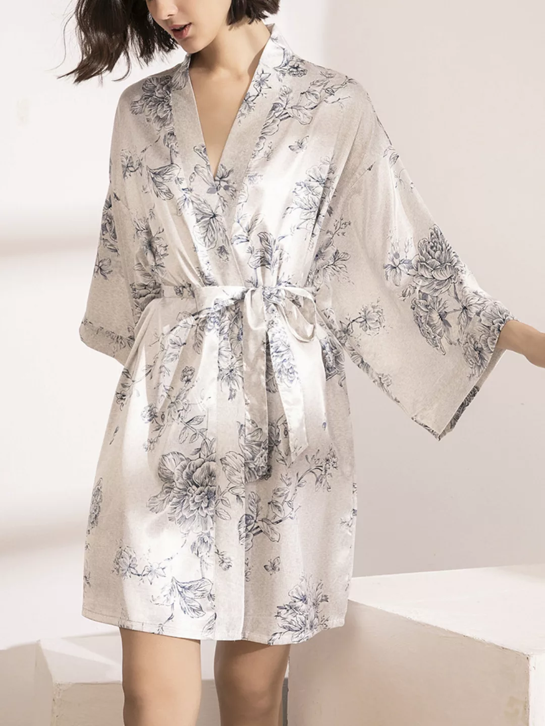Damen Blumendruck Faux Silk V-Neck Belt Langarm Roben Nachtwäsche günstig online kaufen
