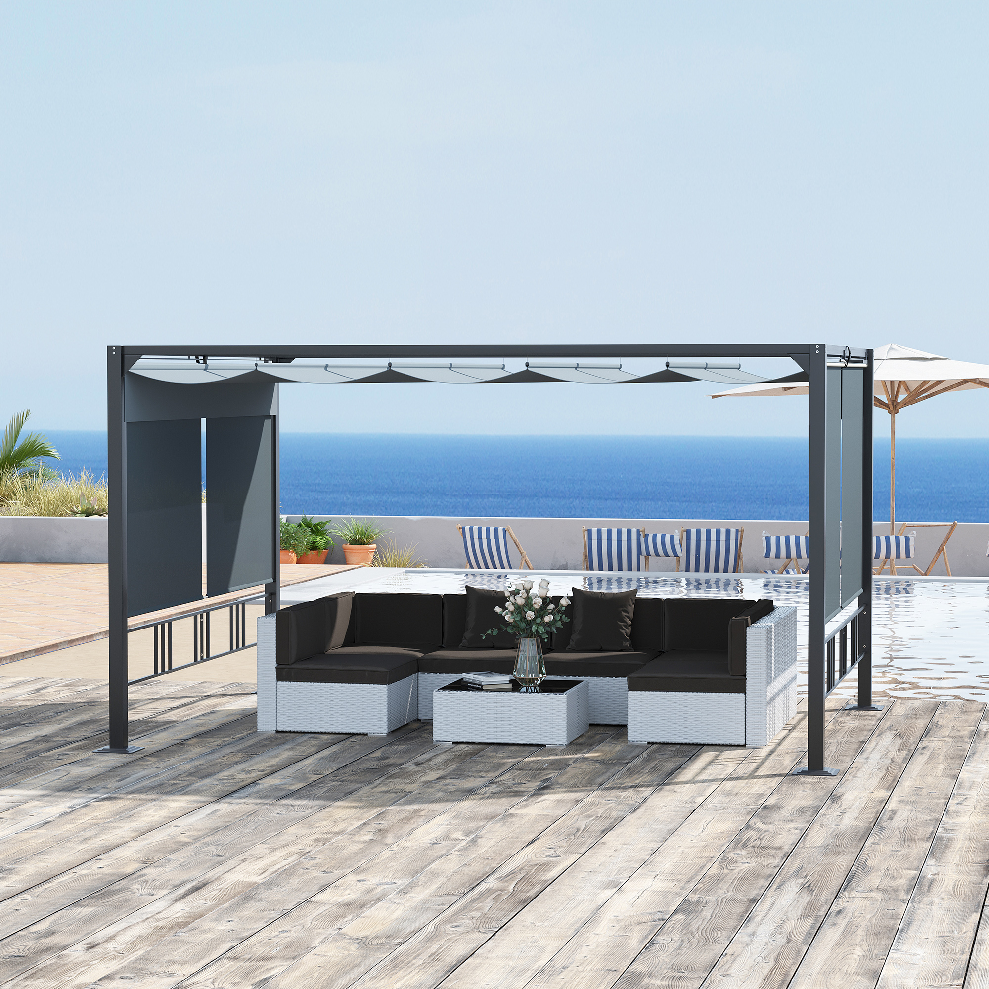 Outsunny Pergola Gartenpavillon 3,9 x 2,9 m mit Sonnendach und 4 automatisc günstig online kaufen