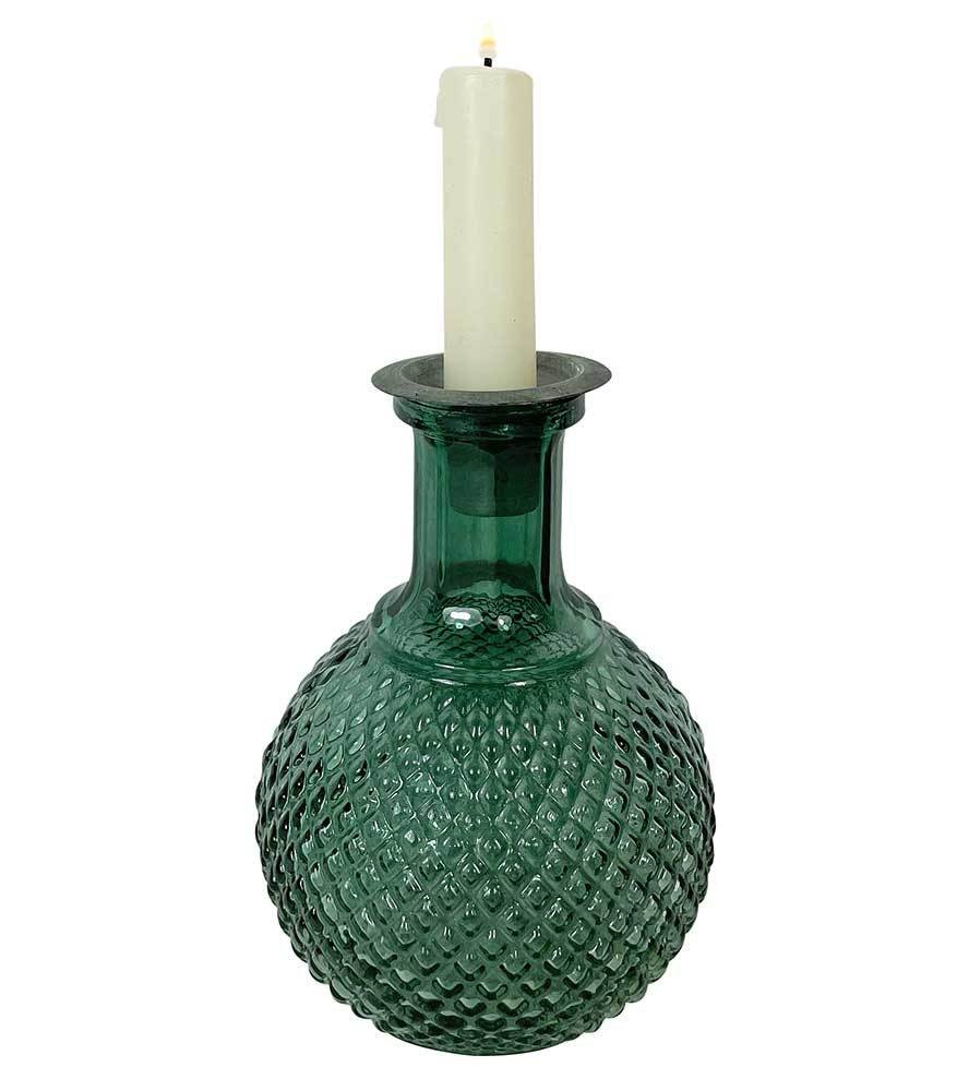 Vase Glas Dunkelgrün mit Kerzenhalteraufsatz Zink Flaschenaufsatz Vintage H günstig online kaufen