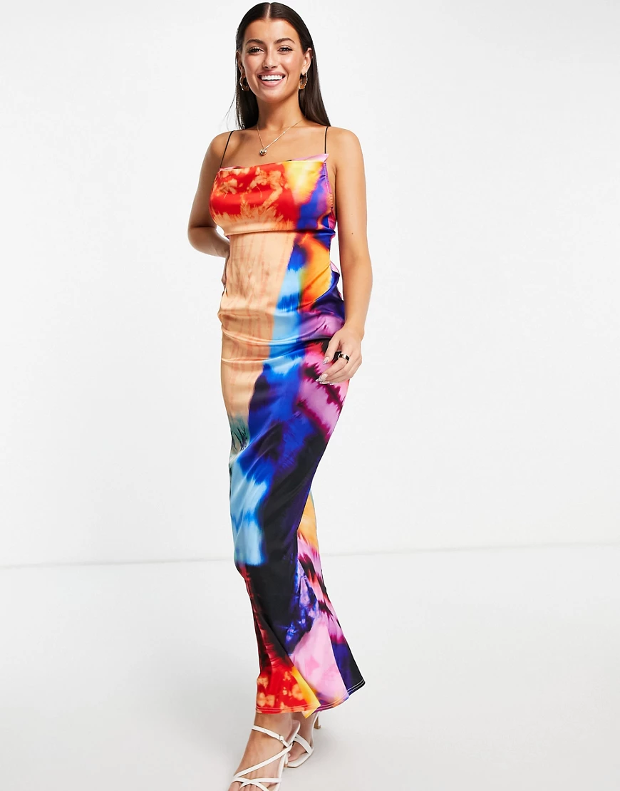 ASOS DESIGN ‑ Fließendes Maxikleid aus Satin mit mehrfarbigem Print und übe günstig online kaufen