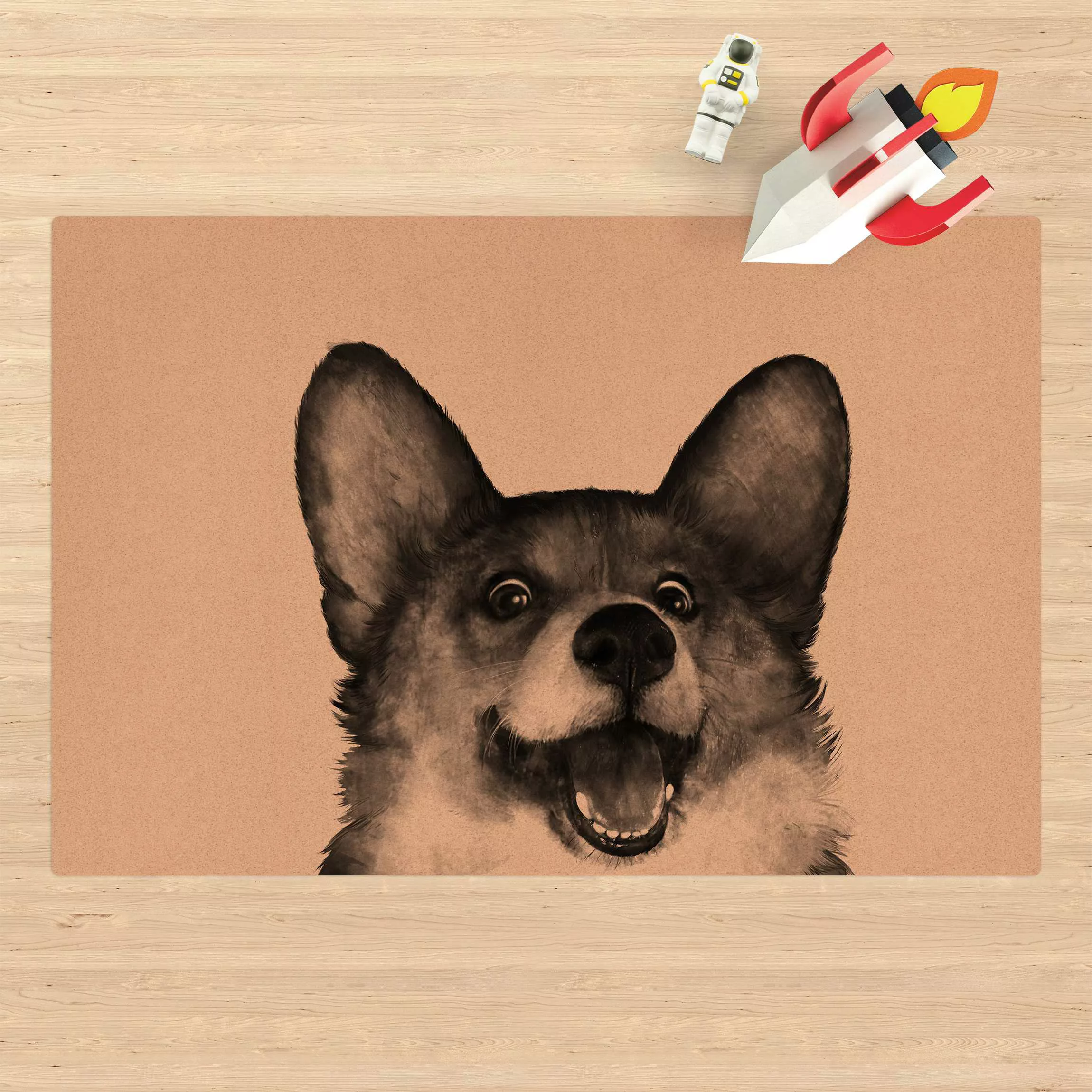 Kork-Teppich Illustration Hund Corgi Weiß Schwarz Malerei günstig online kaufen
