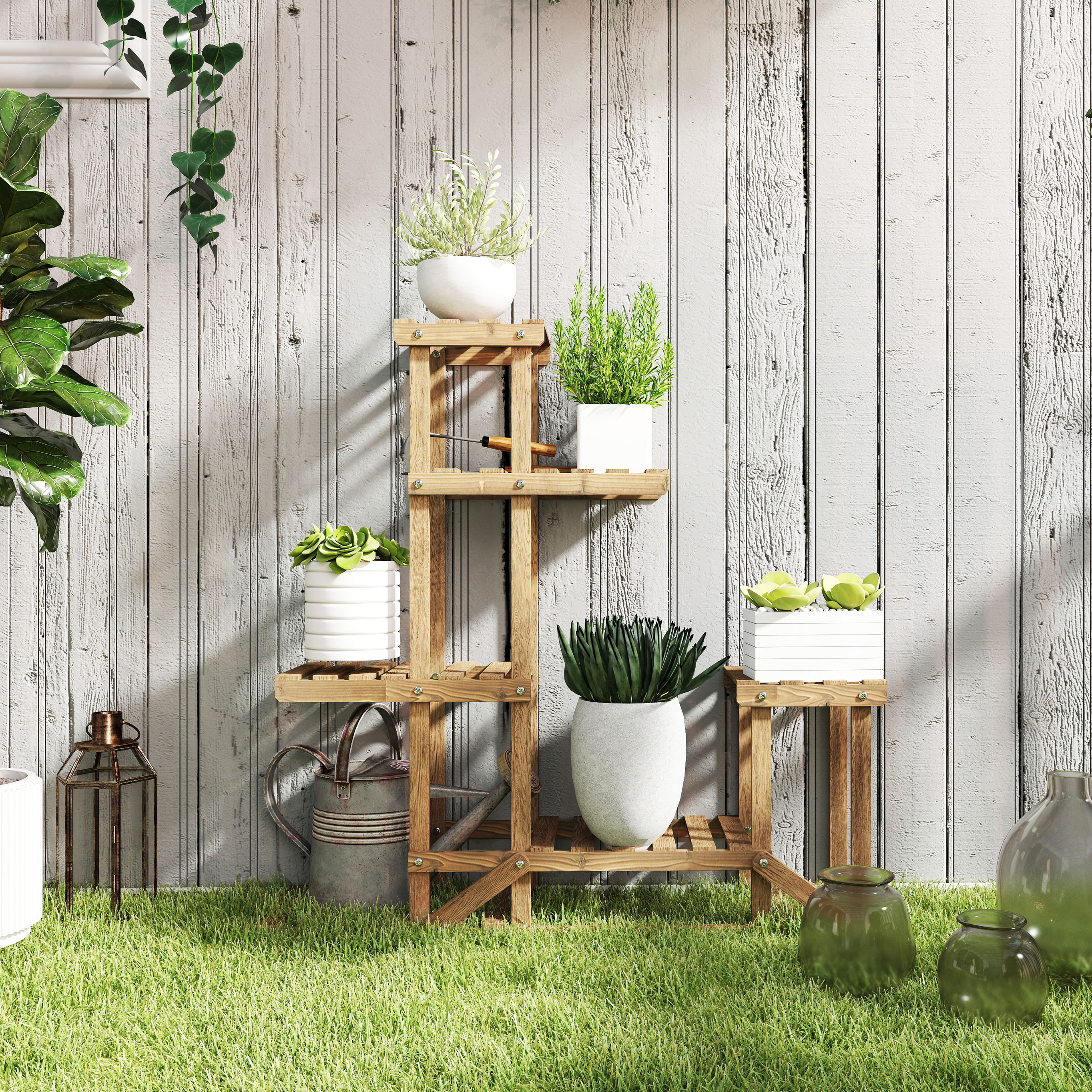 Outsunny Pflanzenregal  Massivholz Blumenständer mit 6 Ebenen, Verkohlt, 98 günstig online kaufen