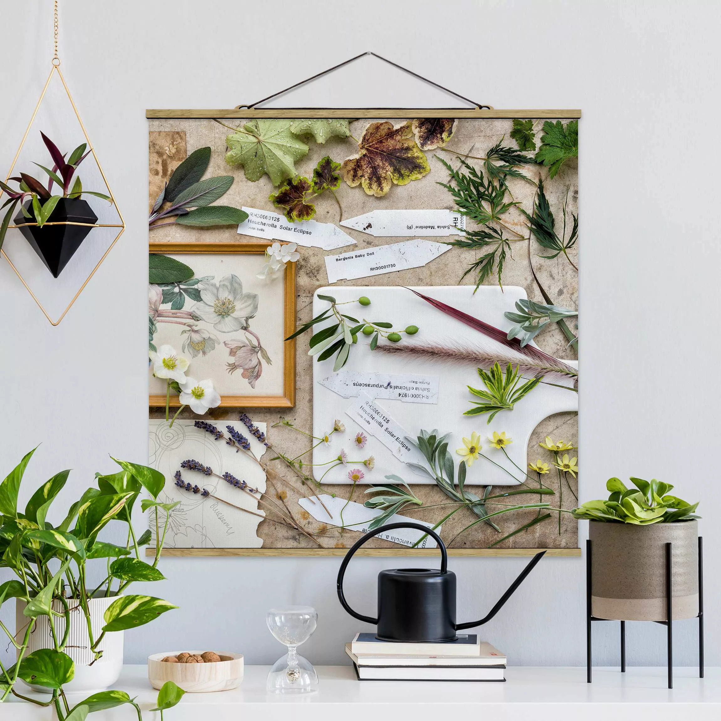 Stoffbild Küche mit Posterleisten - Quadrat Blumen und Gartenkräuter Vintag günstig online kaufen