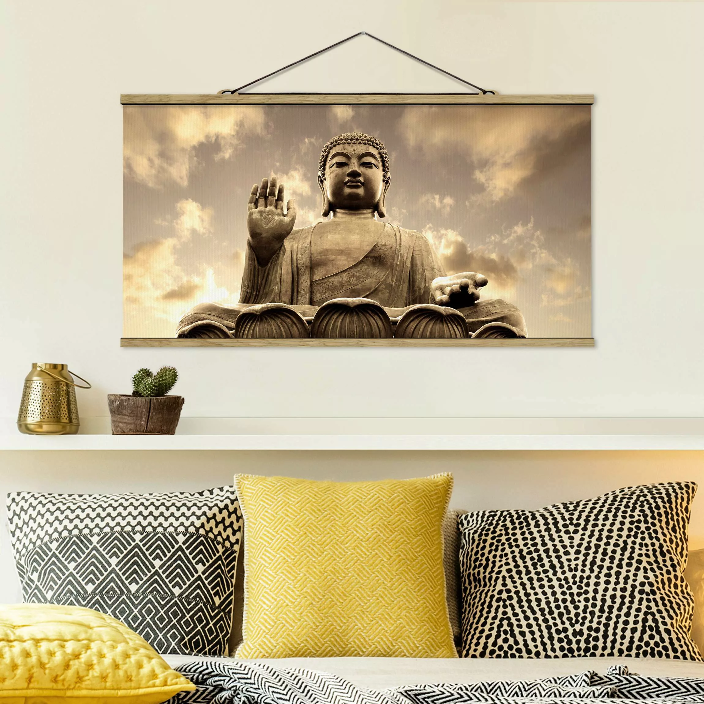 Stoffbild Buddha mit Posterleisten - Querformat Großer Buddha Sepia günstig online kaufen