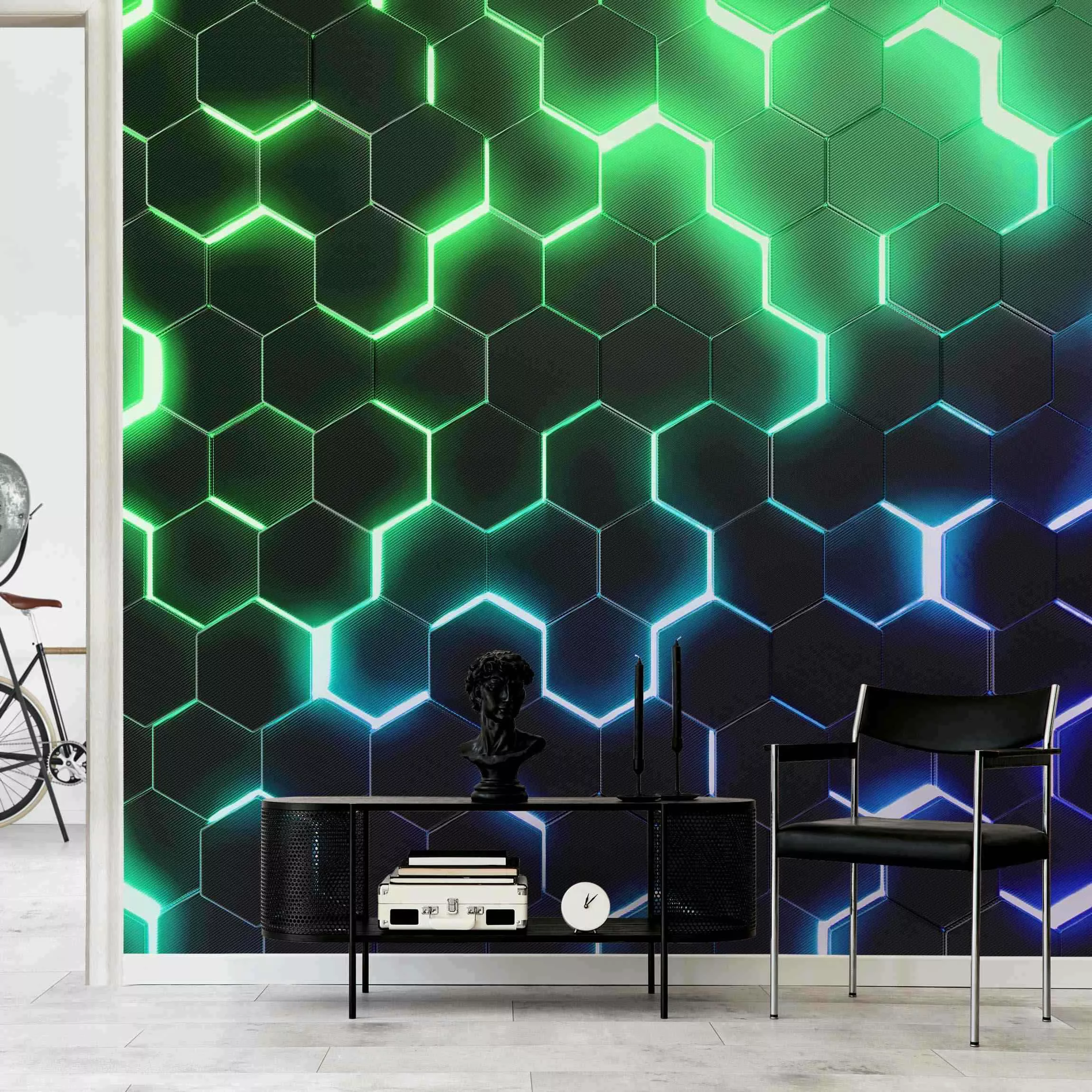 Fototapete Strukturierte Hexagone mit Neonlicht in Grün und Blau günstig online kaufen