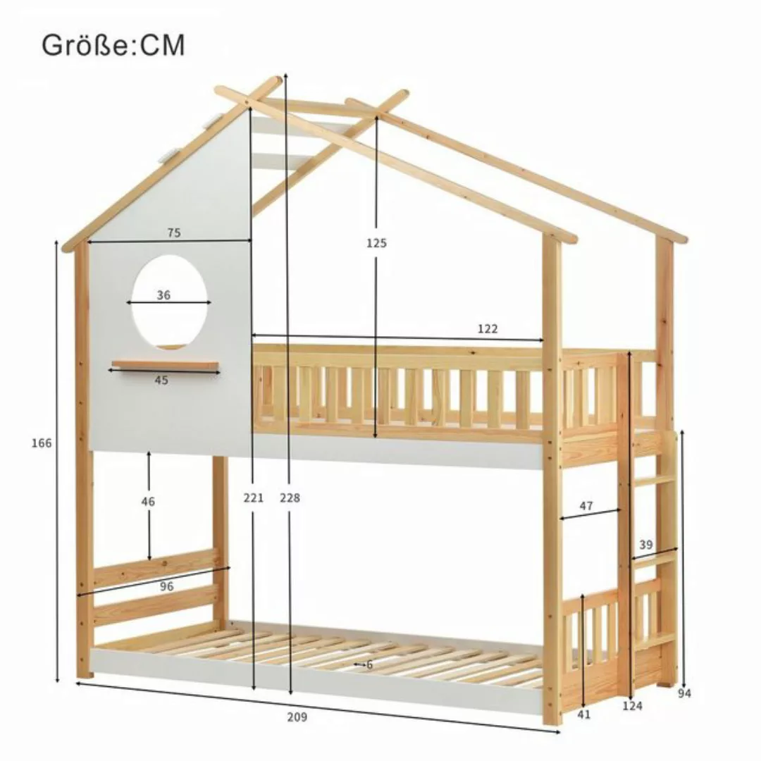 Flieks Etagenbett, Hausbett Kinderbett Massivholzbett Kiefer 200x90cm günstig online kaufen