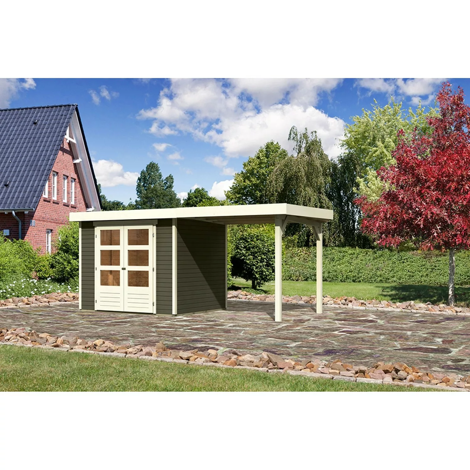 Karibu Holz-Gartenhaus Raala Terragrau Pultdach Lackiert 238 cm x 213 cm günstig online kaufen