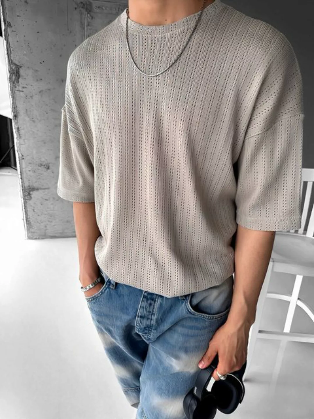 Abluka T-Shirt OVERSIZE KNIT STRUCTURED T-SHIRT BEIGE günstig online kaufen