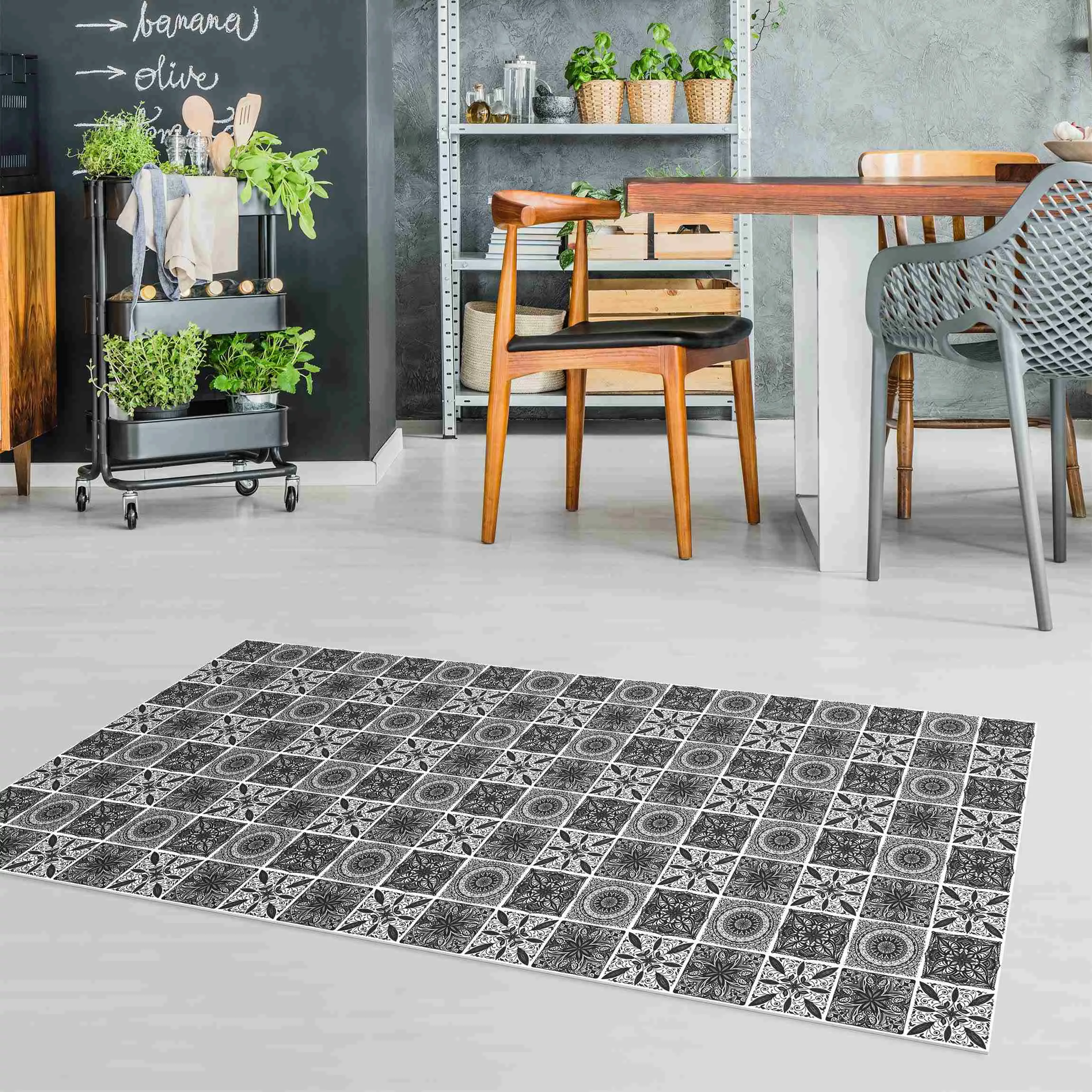 Vinyl-Teppich Orientalischer Mandala Mustermix in Schwarz mit Glitzeroptik günstig online kaufen