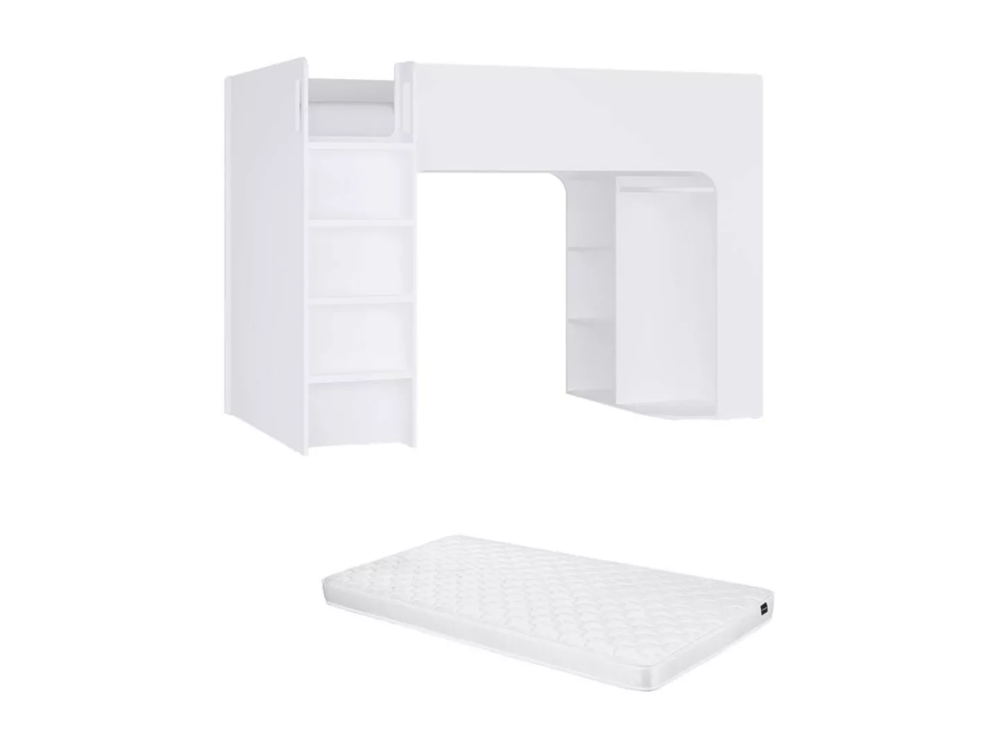 Hochbett mit Stauraum - 90 x 190 cm - Weiß + Matratze - COLUMI günstig online kaufen