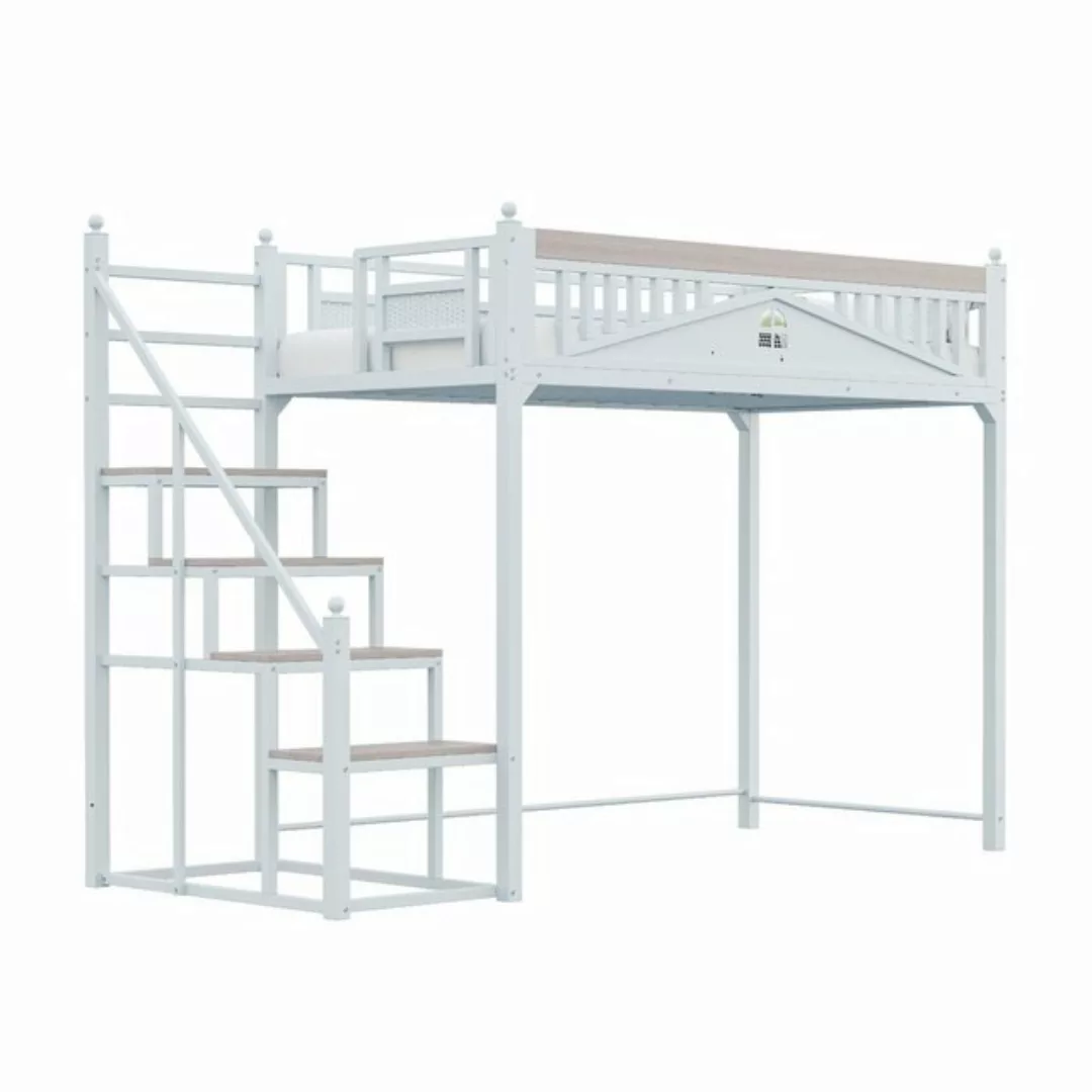 Flieks Hochbett Metallbett Kinderbett 90x200cm mit Treppe und Sicherheitsza günstig online kaufen