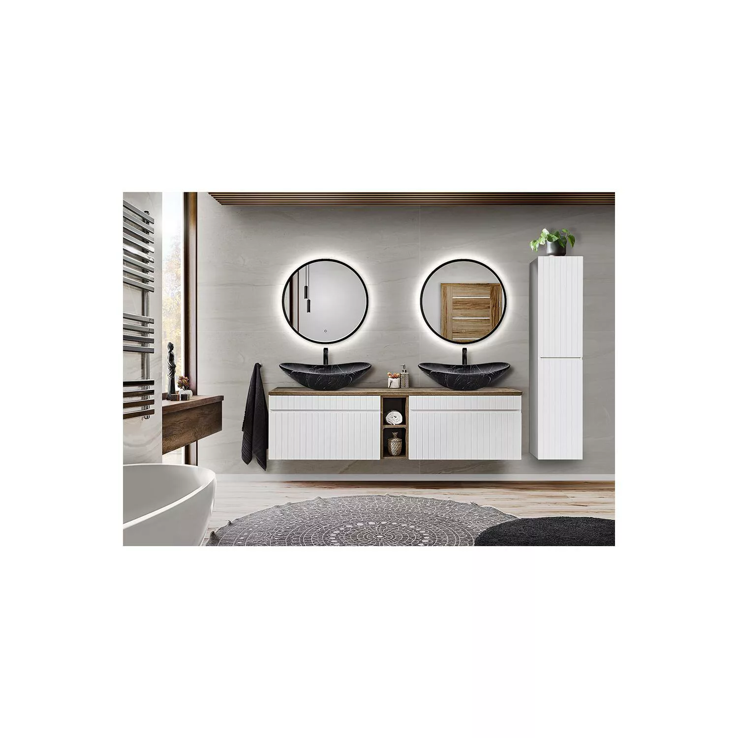 Badmöbel Komplett Set in weiß matt mit Vintage Eiche Nb. IRAKLIO-56 Waschti günstig online kaufen