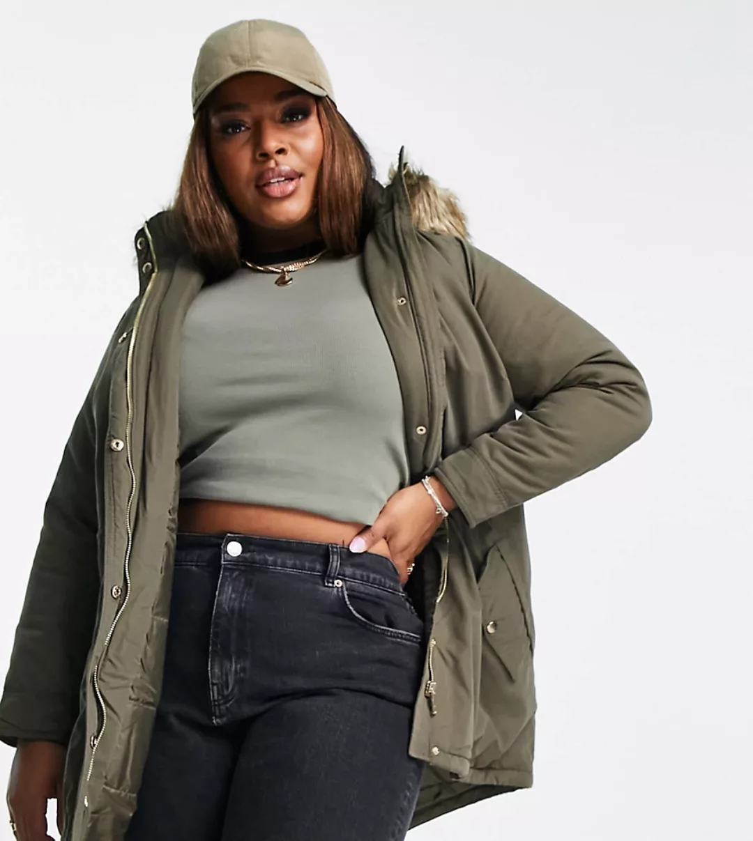 New Look Curve – Parka in Khaki-Grün günstig online kaufen