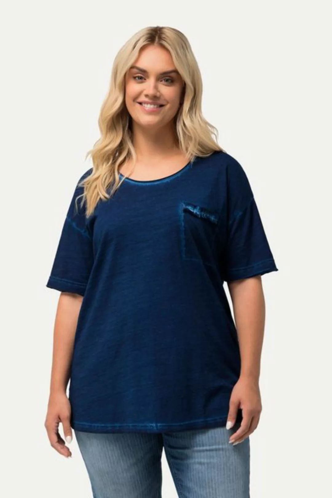 Ulla Popken T-Shirt T-Shirt oversized Rüschen-Brusttasche Halbarm günstig online kaufen