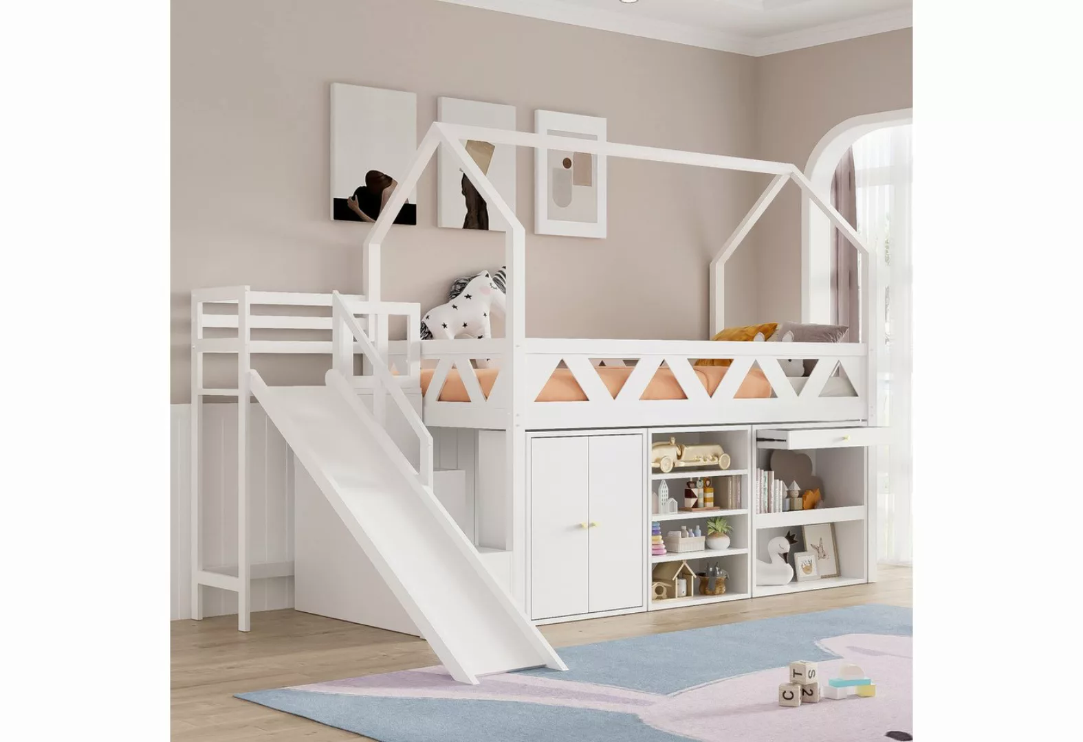 Flieks Hochbett Kinderbett Etagenbett mit Schränke, Rutsche und Treppe 90x2 günstig online kaufen