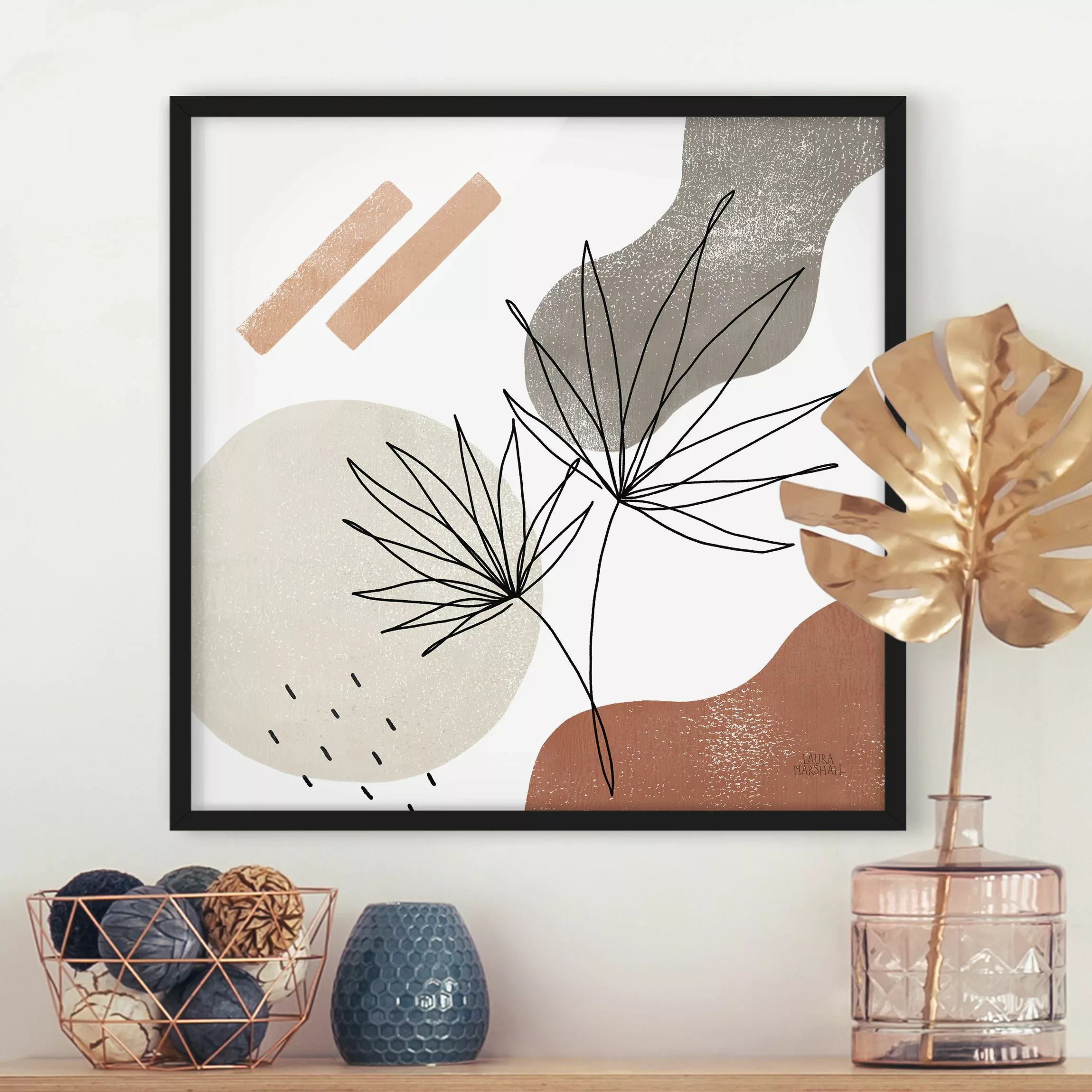 Bild mit Rahmen Fächerpalme Lineart und Terracotta Farben günstig online kaufen