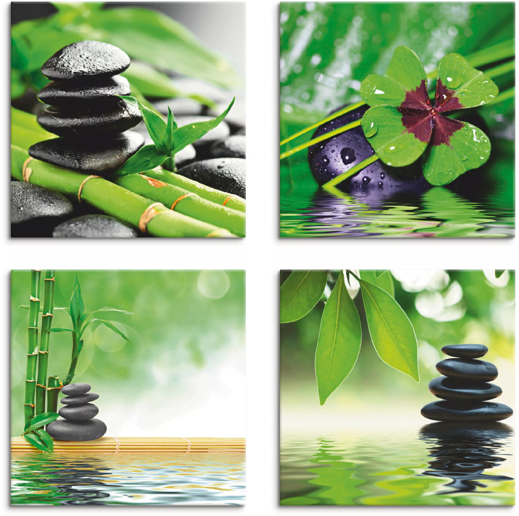 Artland Leinwandbild "Glücksklee Zen Steinpyramide Wasser", Zen, (4 St.), 4 günstig online kaufen