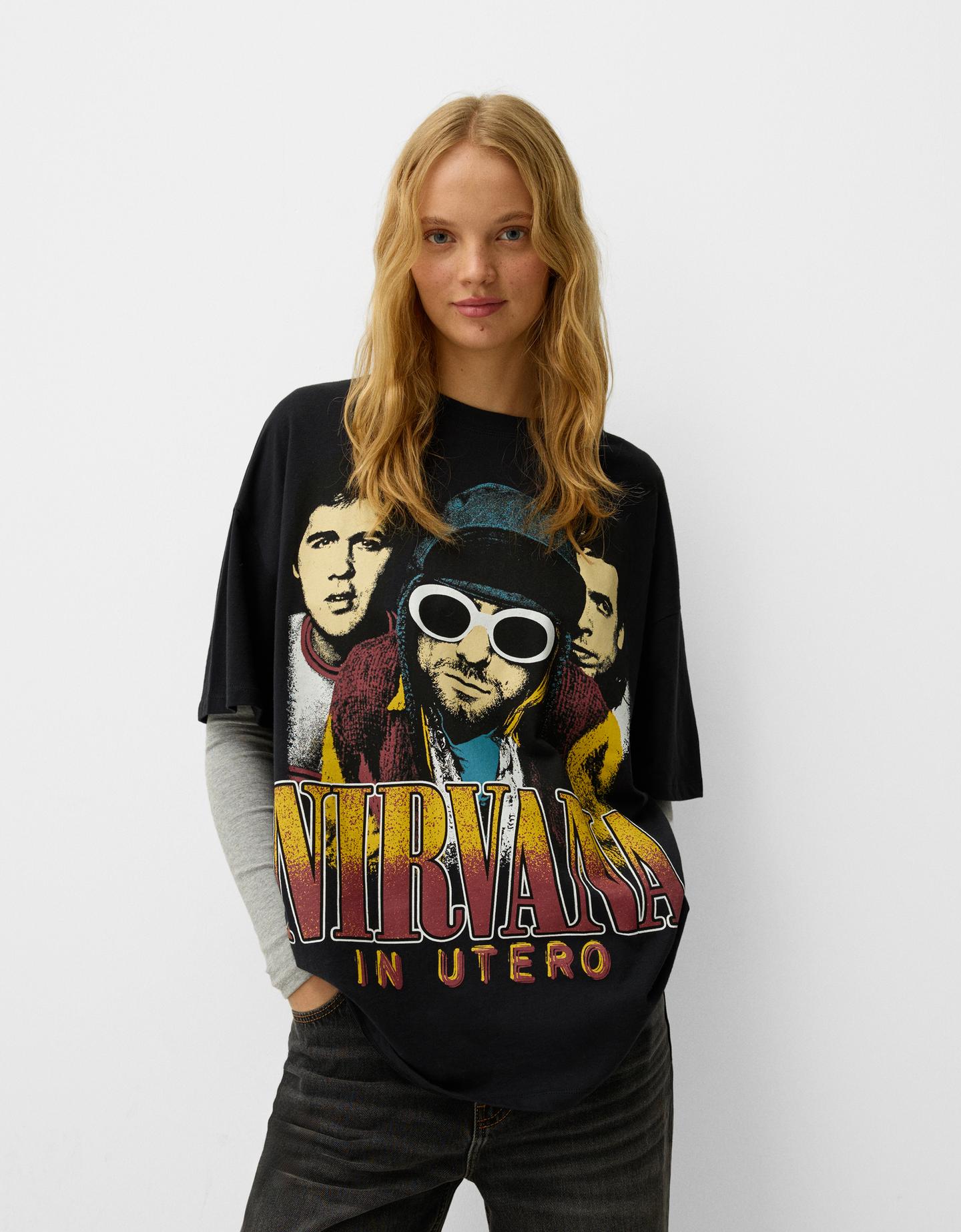 Bershka T-Shirt Nirvana Damen L Schwarz günstig online kaufen