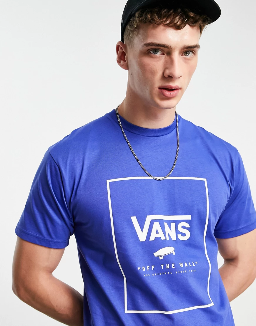 Vans Classic – Print Box – T-Shirt mit Rückenprint in Blau-Weiß günstig online kaufen