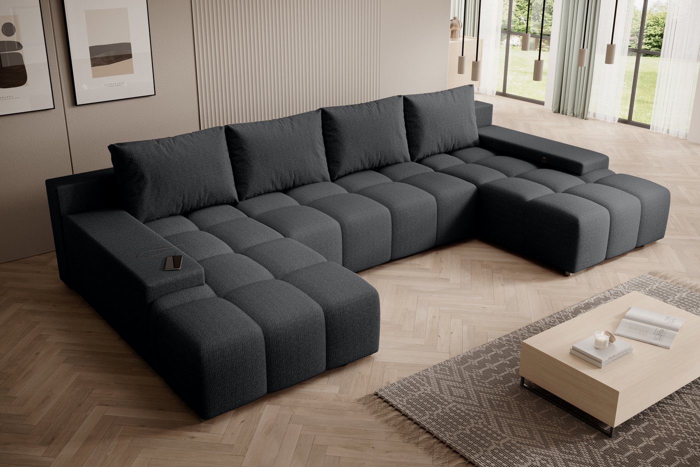 PROMETO Möbel Ecksofa Ecksofa Couch U-Form, Teddy-Bouclé Stoff Schlaffunkti günstig online kaufen