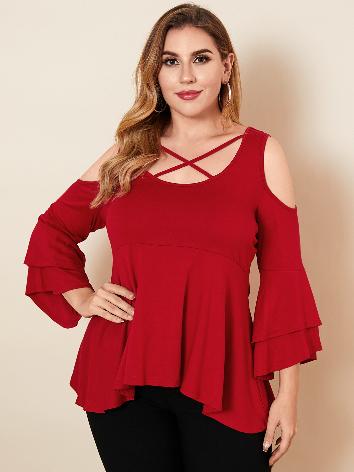 YOINS Plus Größe Cold Shoulder Criss-Cross 3/4 Länge Ärmel T-Shirt günstig online kaufen