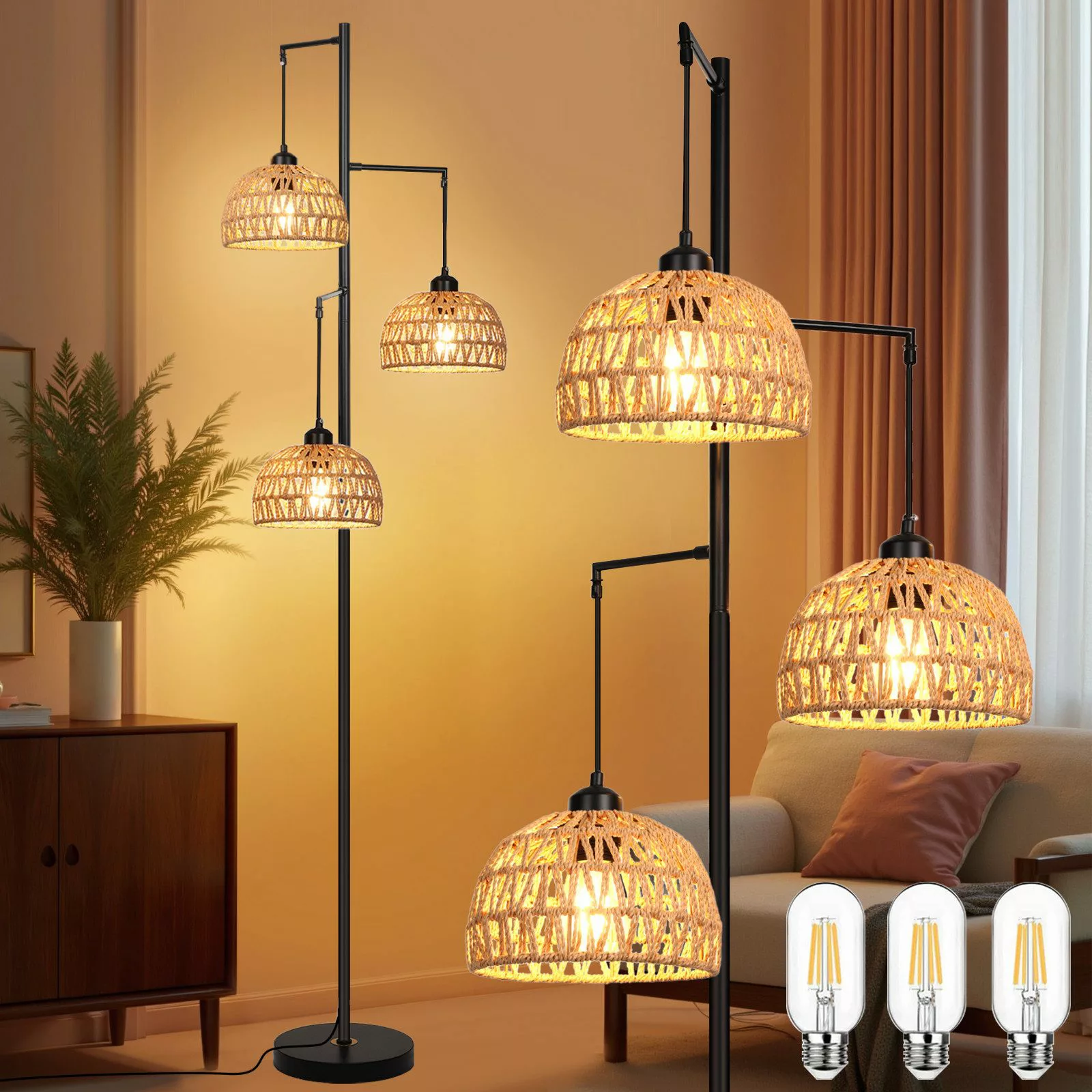 MUPOO Stehlampe LED Stehlampe,Rattan Boho LED günstig online kaufen