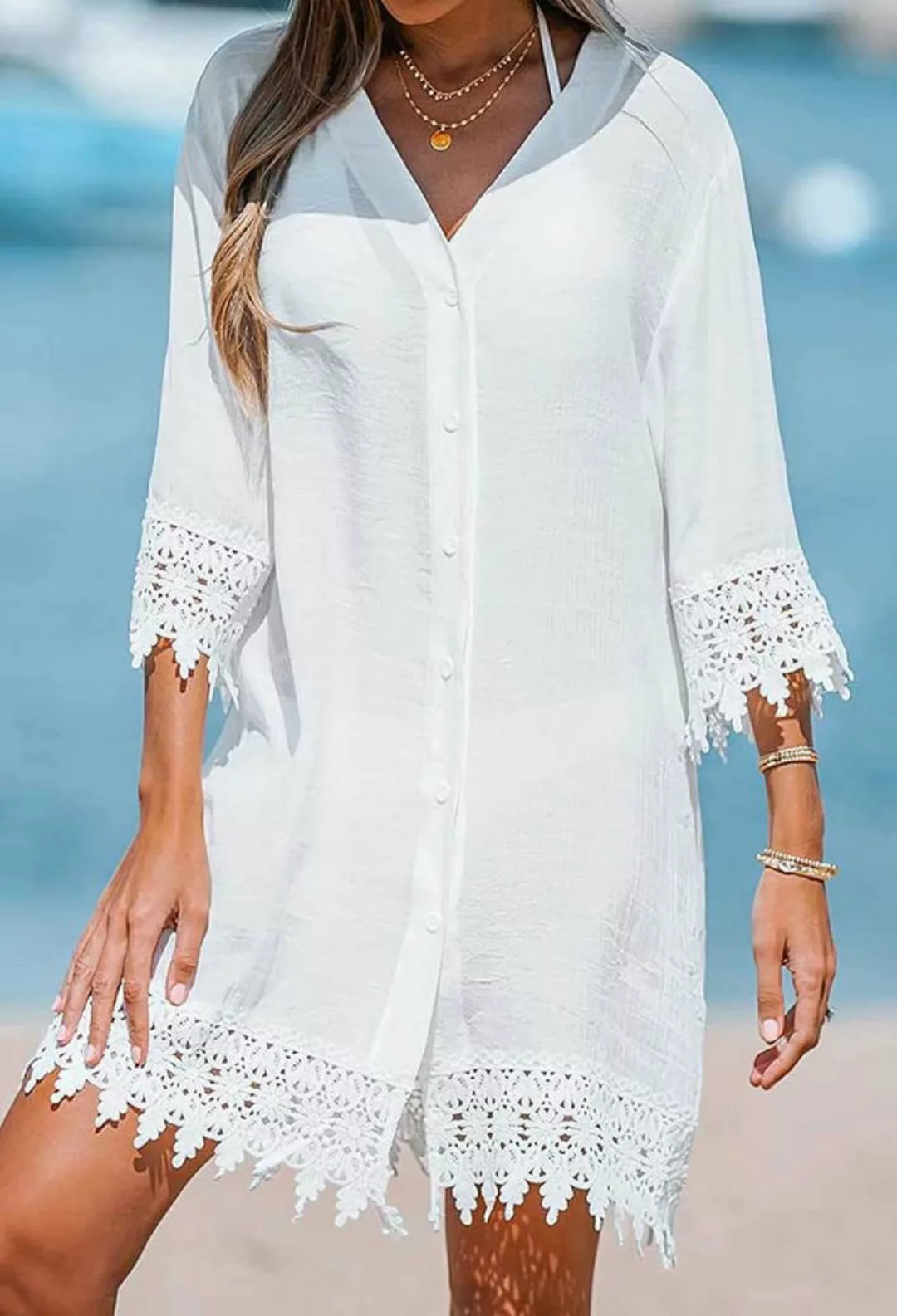 SEGUEN Sommerkleid Damen Sommer Shirt Kleider Sexy Hollow Out Spitze Kleide günstig online kaufen