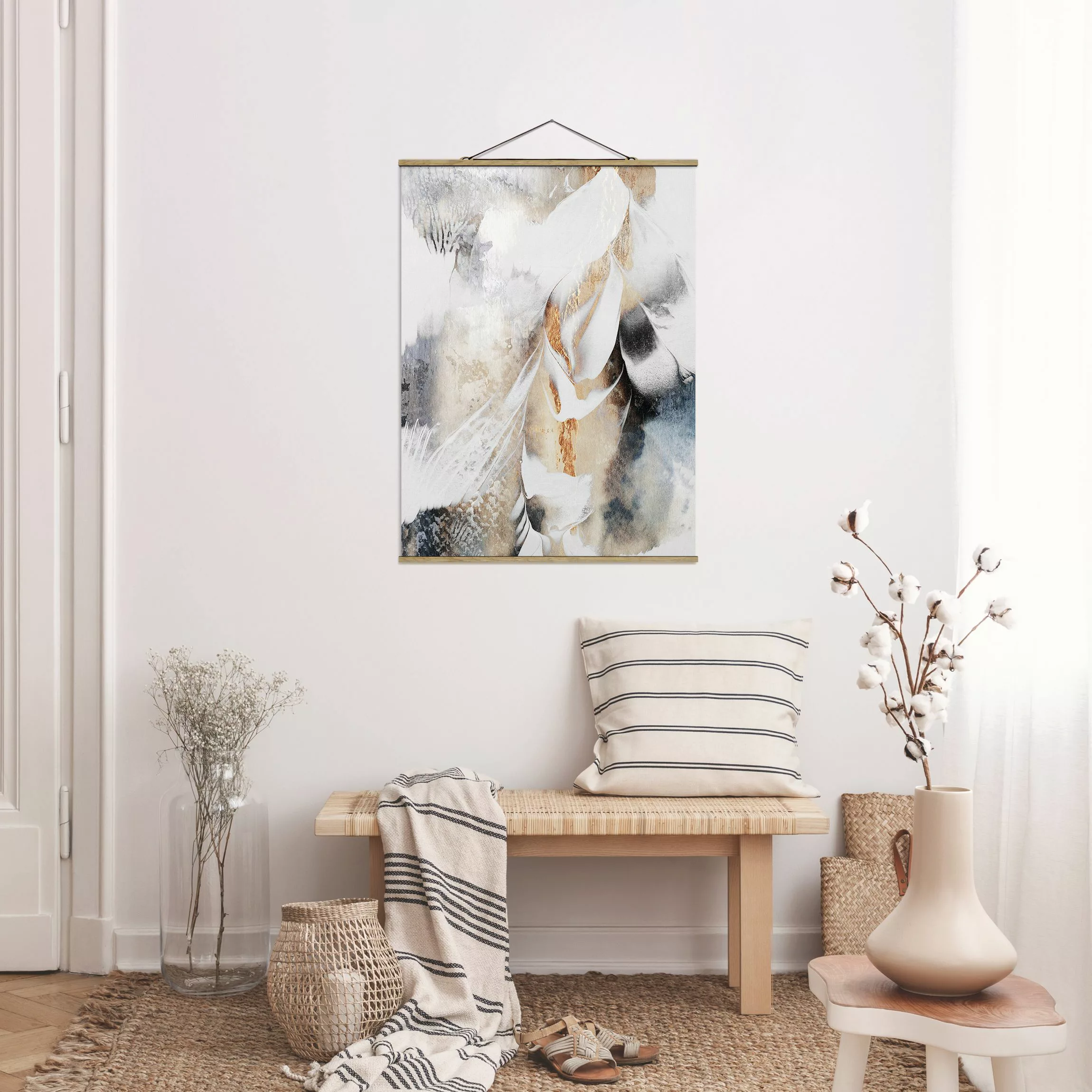 Stoffbild Abstrakt mit Posterleisten - Hochformat Goldene abstrakte Winterm günstig online kaufen