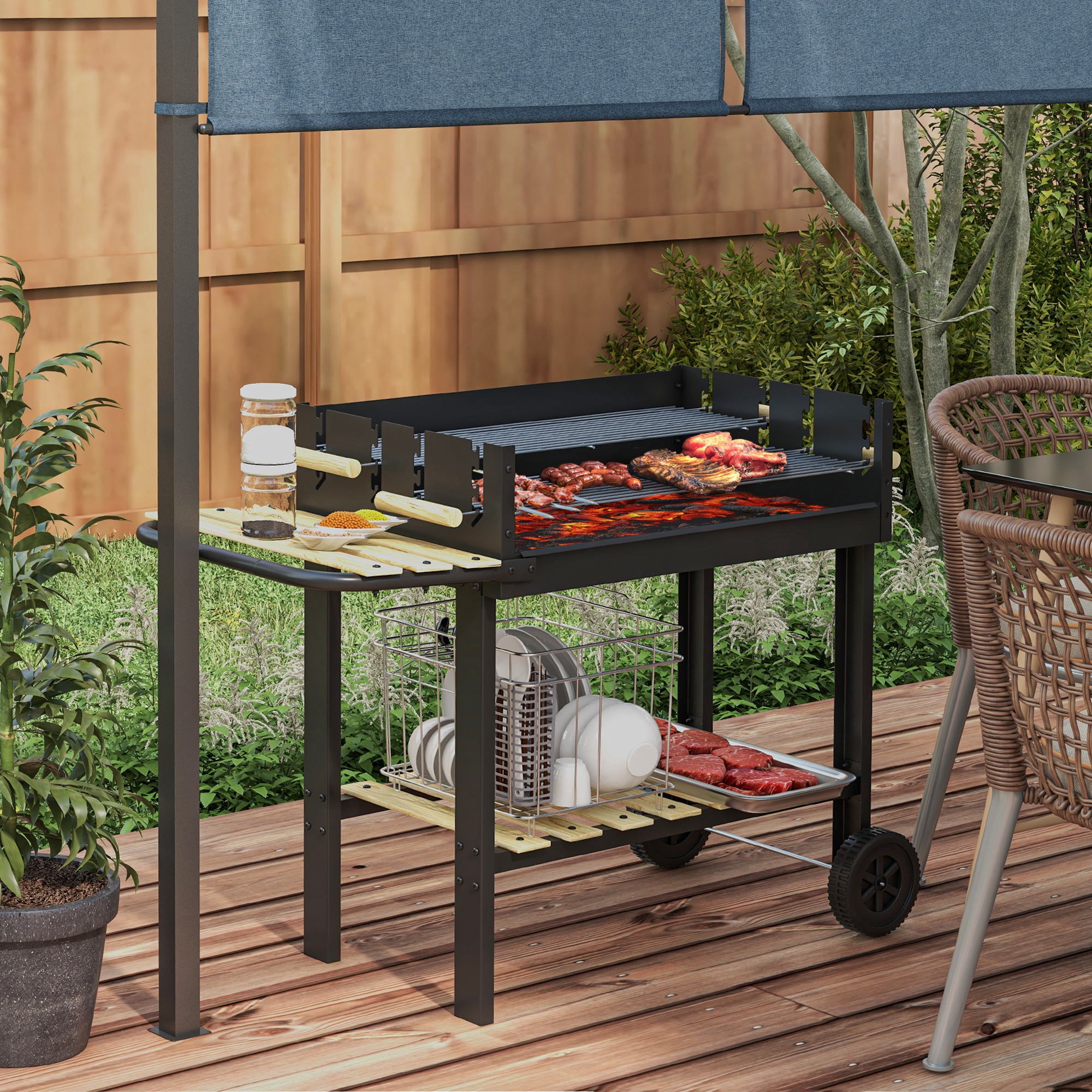 Outsunny Holzkohlegrill BBQ Campinggrill mit zwei Grillrosten und Ablage, M günstig online kaufen