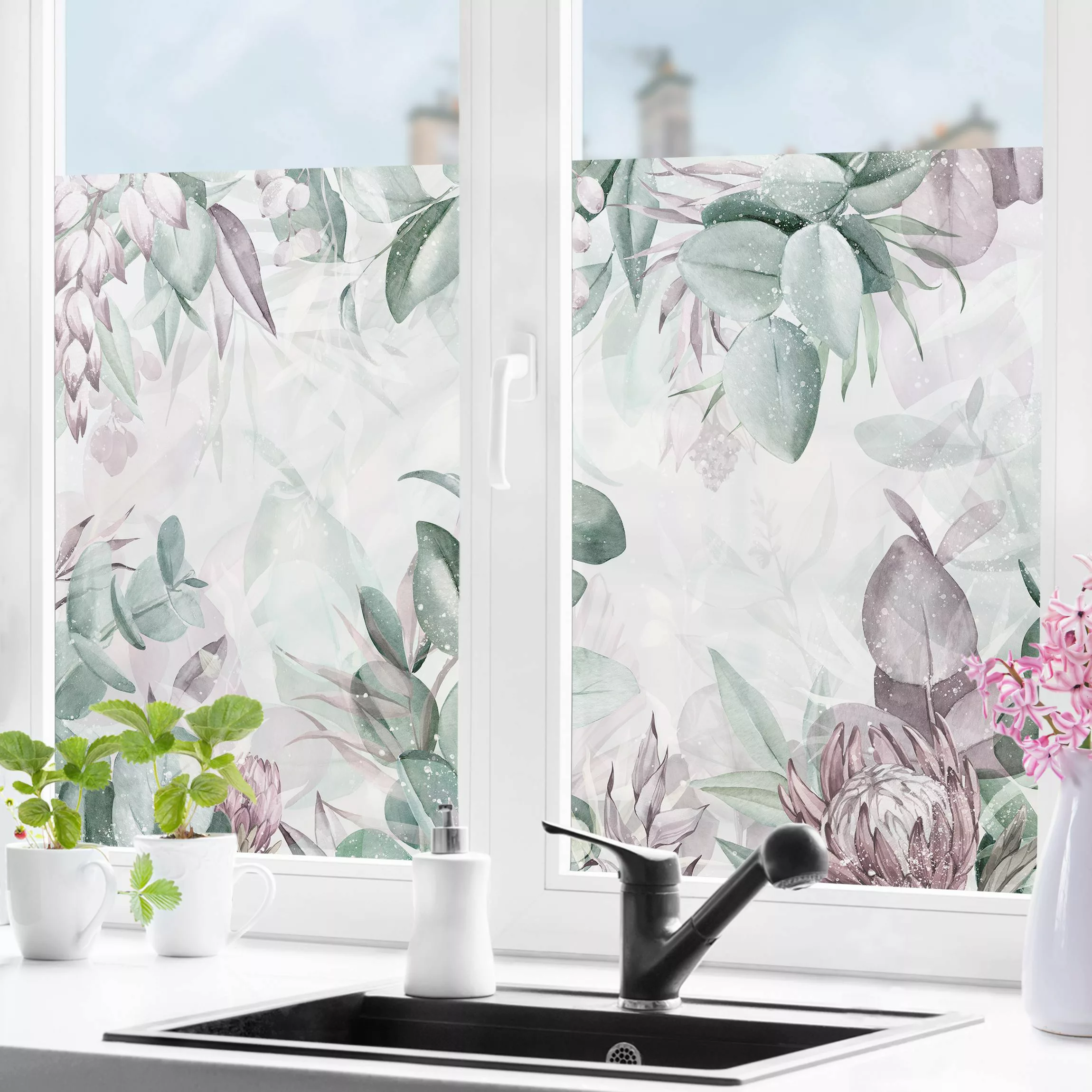Fensterfolie Botanik in Pastell Grün & Rosa günstig online kaufen