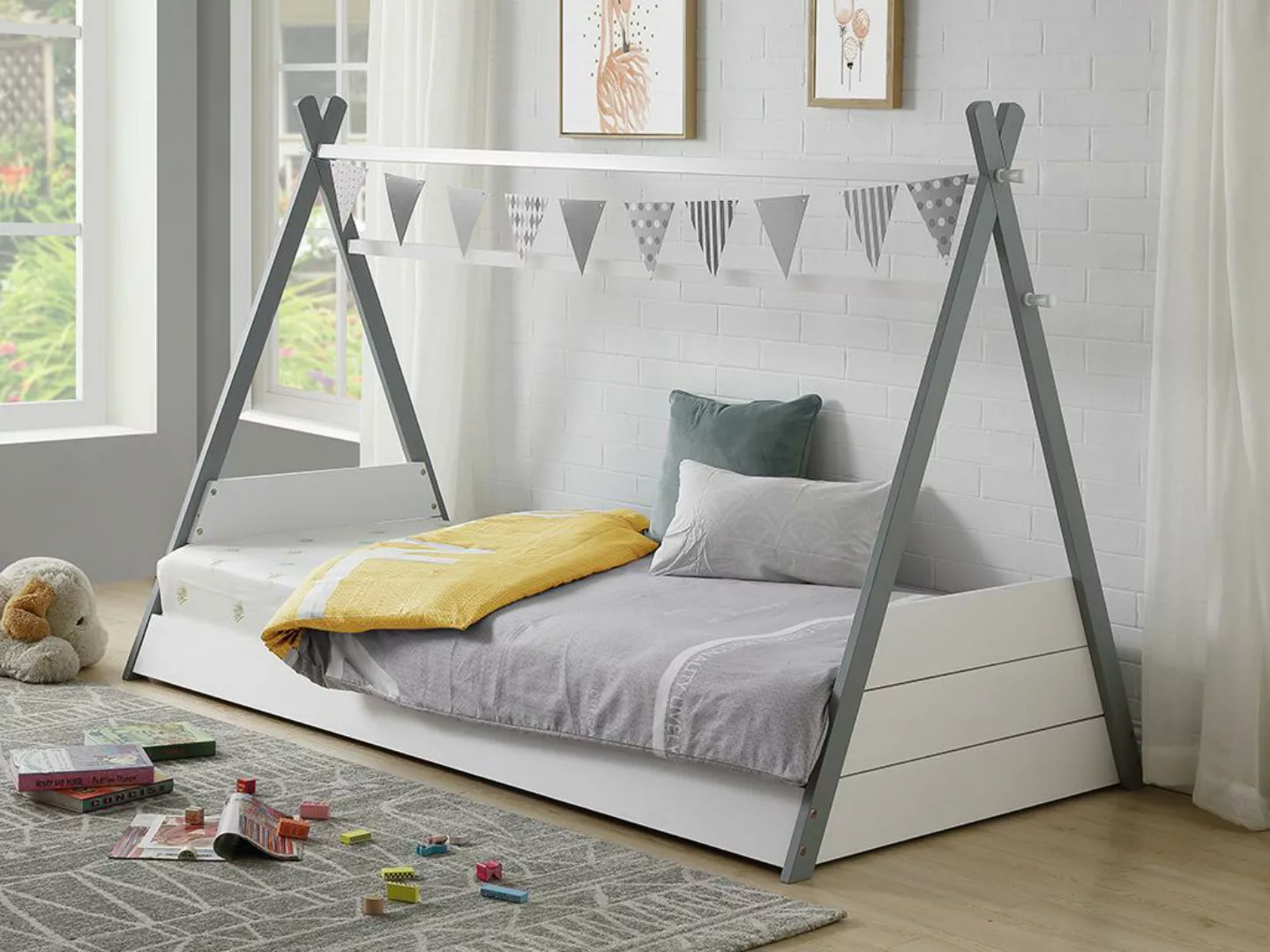 Kinderbett Tipibett mit Matratze - 90 x 190 cm - Weiß & Grau - SIOUX günstig online kaufen