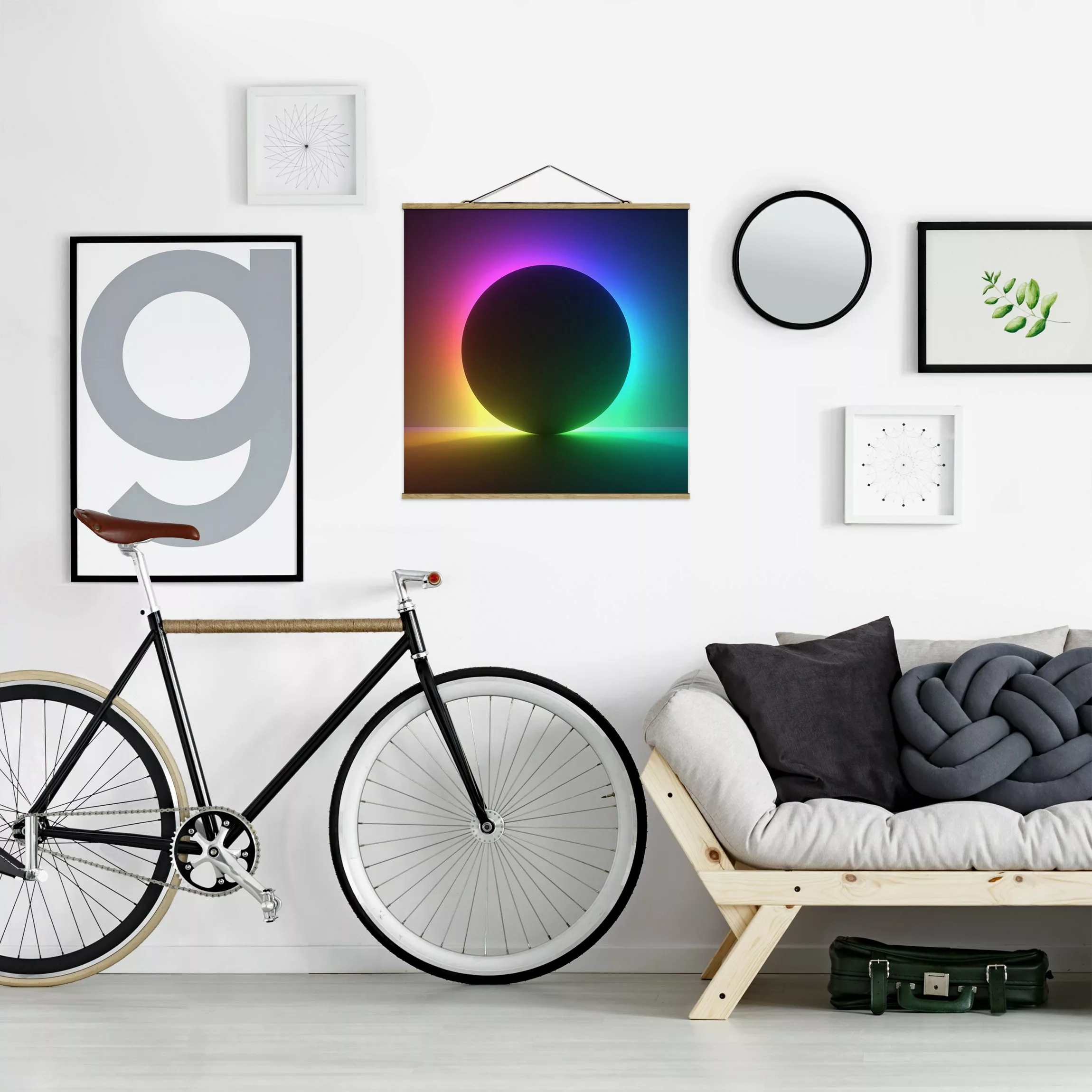 Stoffbild mit Posterleisten Schwarzer Kreis mit Neonlicht günstig online kaufen