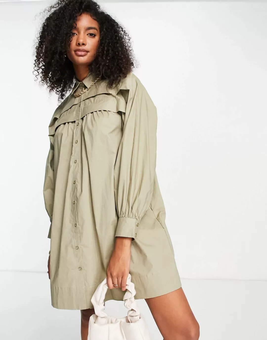 Mango – Hemdkleid mit Knopfleiste vorne in Khaki-Grün günstig online kaufen