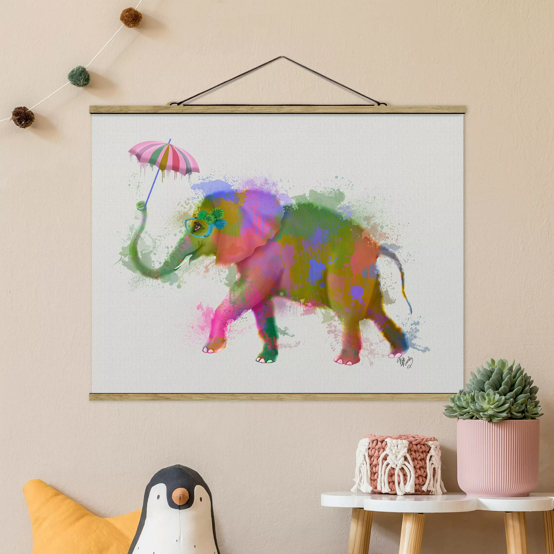 Stoffbild Tiere mit Posterleisten - Querformat Regenbogen Splash Elefant günstig online kaufen