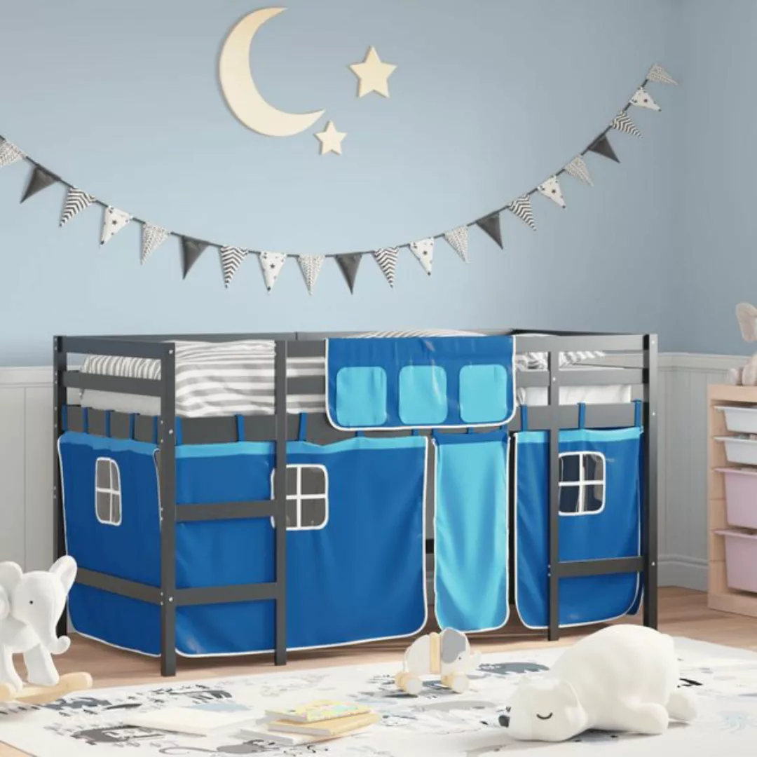 vidaXL Bett Kinderhochbett mit Vorhängen Blau 80x200 cm Massivholz Kiefer günstig online kaufen