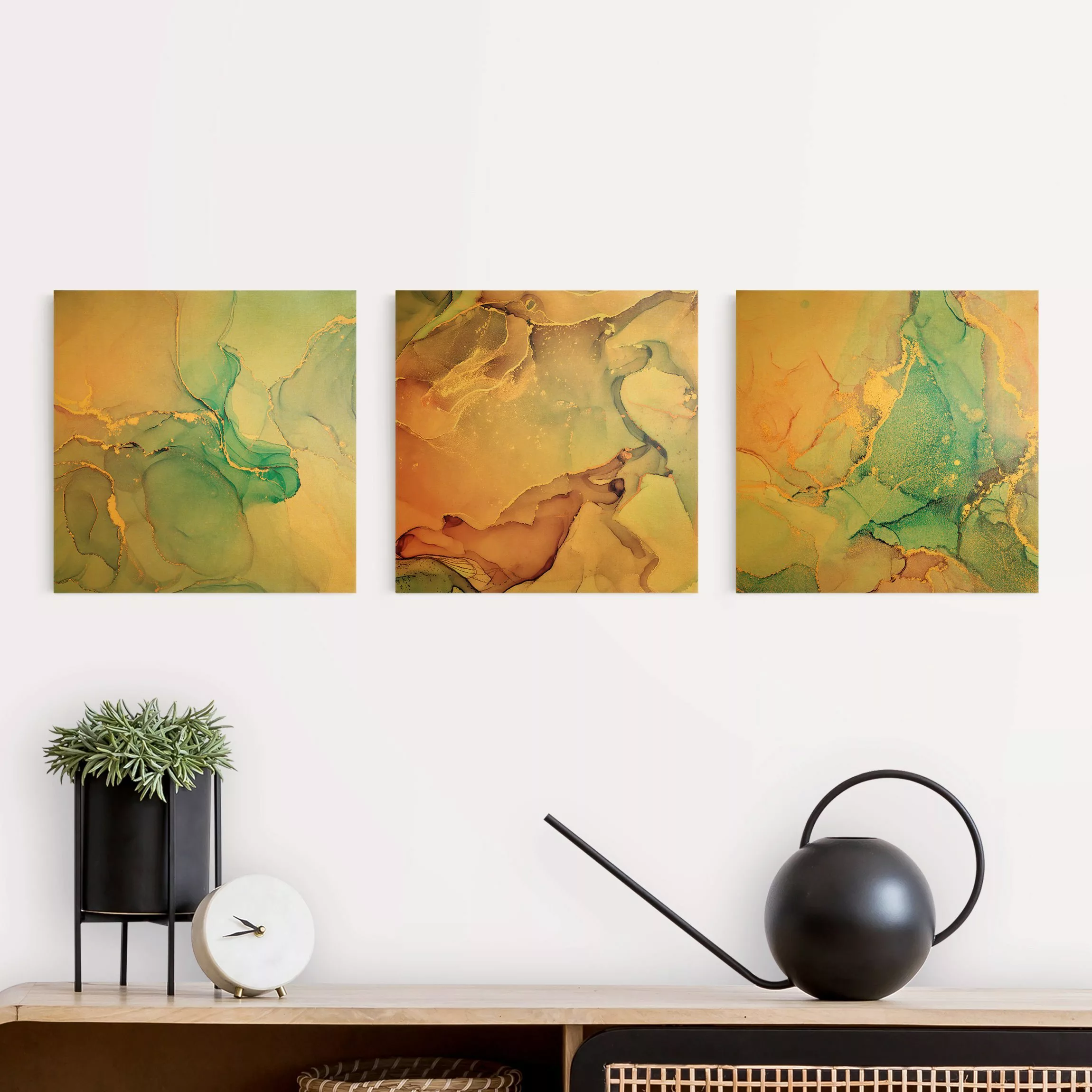 Leinwandbild 3-teilig Aquarell Pastell mit Gold günstig online kaufen