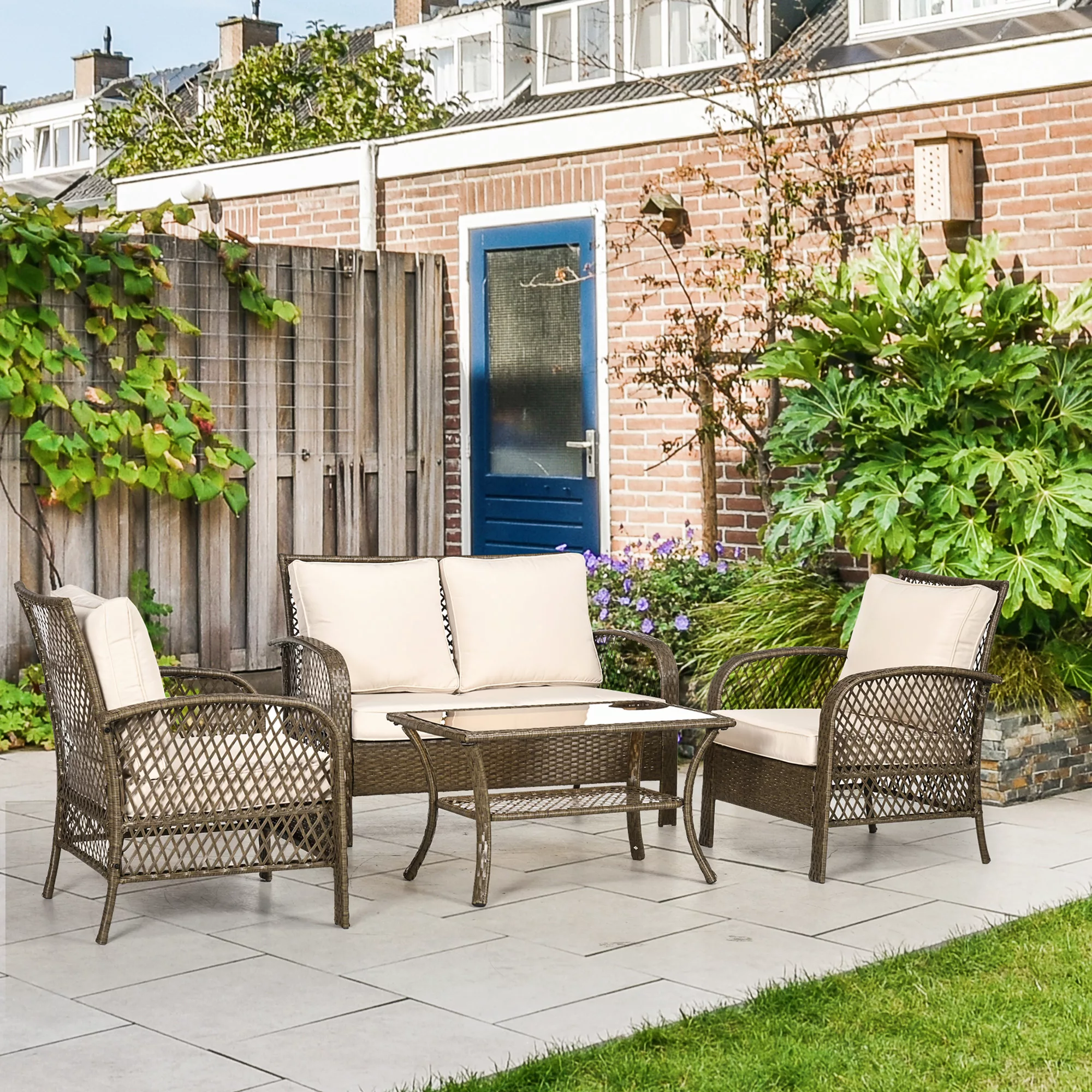 Outsunny Gartensofa 4-teilig Kolonialstil Glastisch Rattanimitat in Hellbra günstig online kaufen