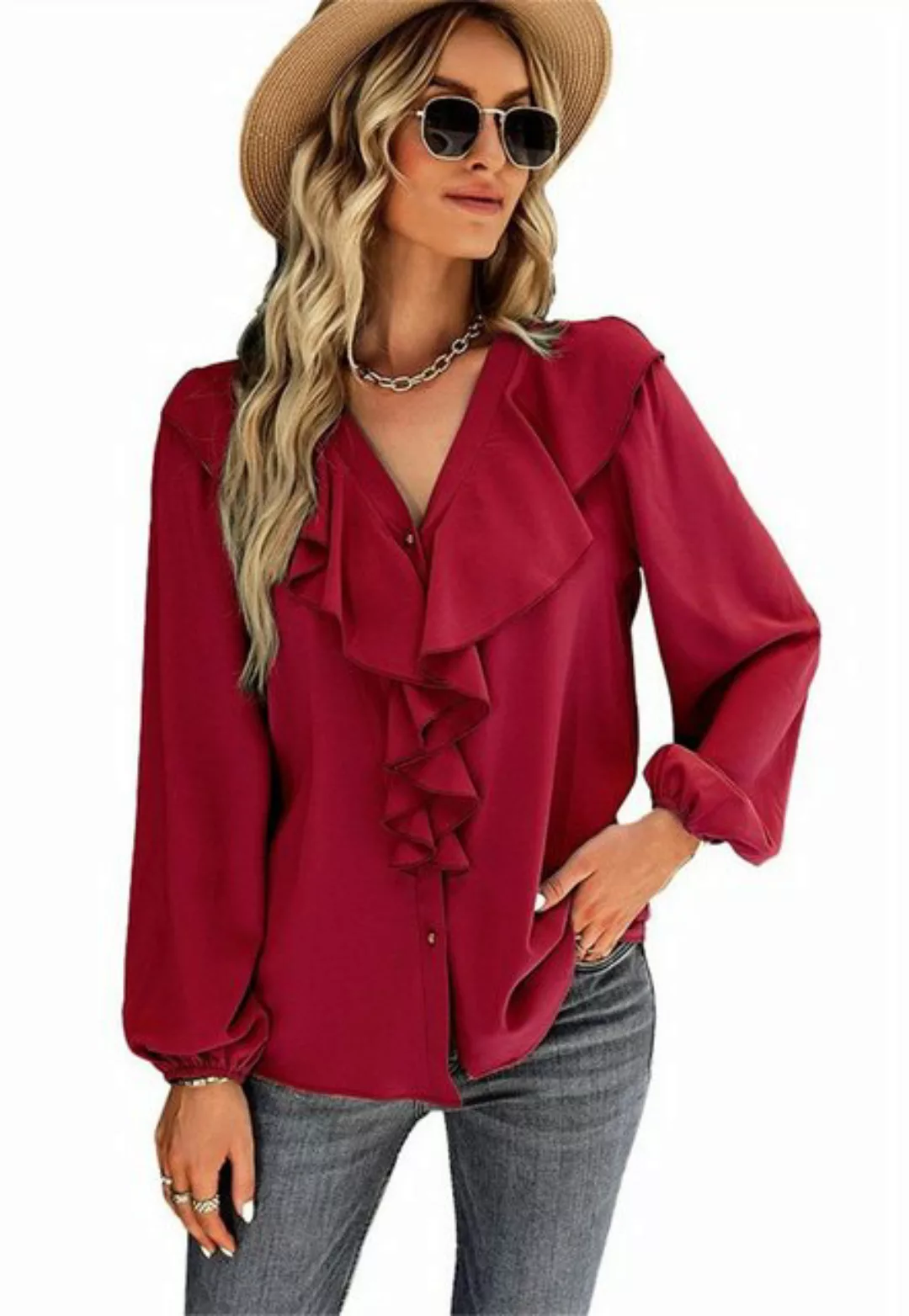 ZWY Langarmbluse Damen V-Ausschnitt einfarbig Hemd, lässiges langärmeliges günstig online kaufen