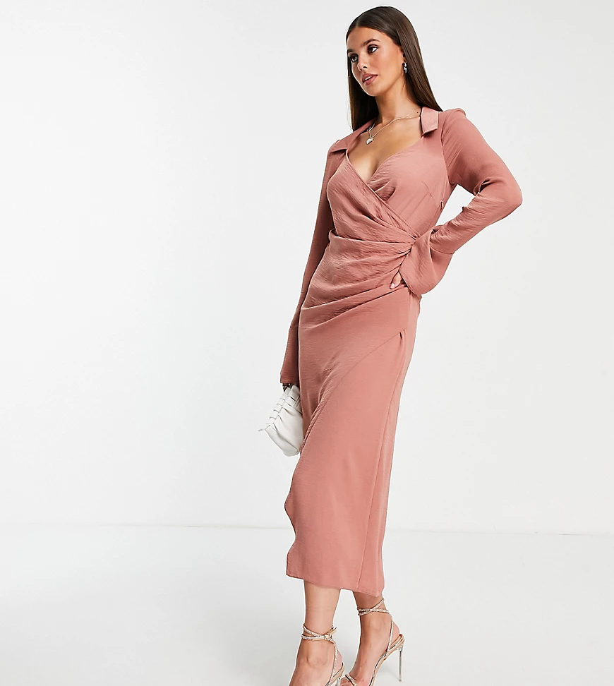 ASOS DESIGN Tall – Midi-Wickelkleid im Stil der 70er in Rosa mit drapierter günstig online kaufen