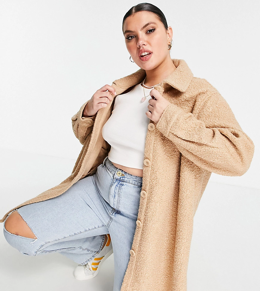 Only Curve – Oversize-Hemdjacke aus Teddyfell in Beige-Neutral günstig online kaufen