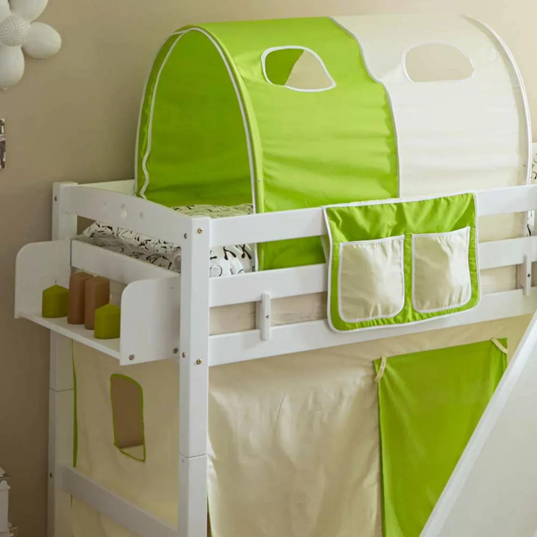 Halbhohes Bett für Kinderzimmer Rutsche und Vorhang in Hellgrün günstig online kaufen