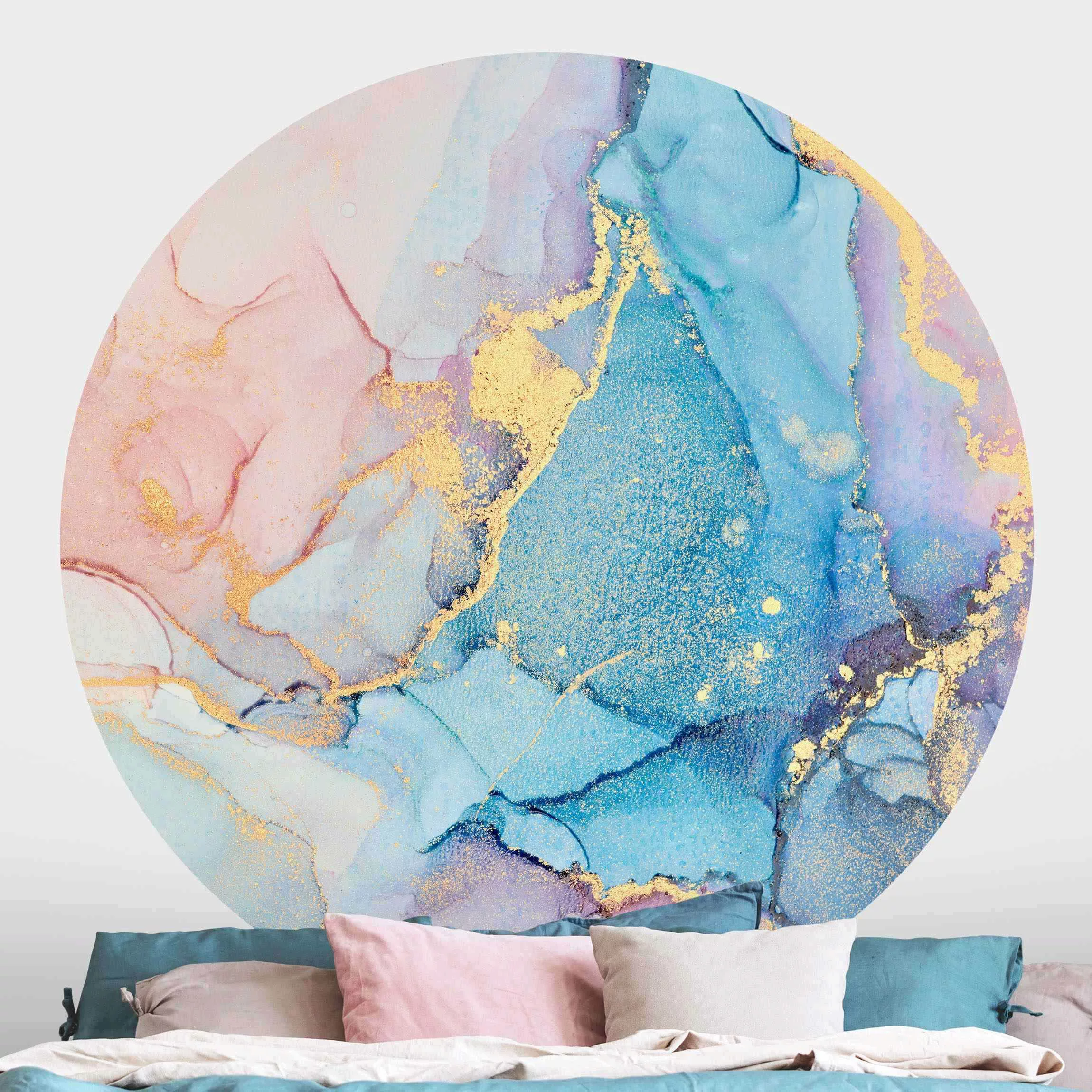 Runde Tapete selbstklebend Aquarell Pastell Bunt mit Gold günstig online kaufen