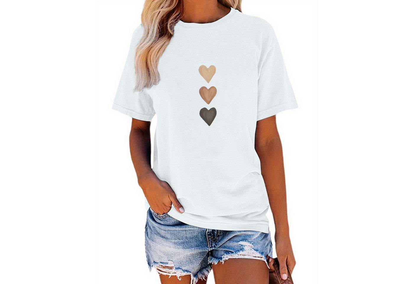 PYL T-Shirt Damen Sommer Kurzarmbluse Locker Herz Print-Shirt Casual T-Shir günstig online kaufen