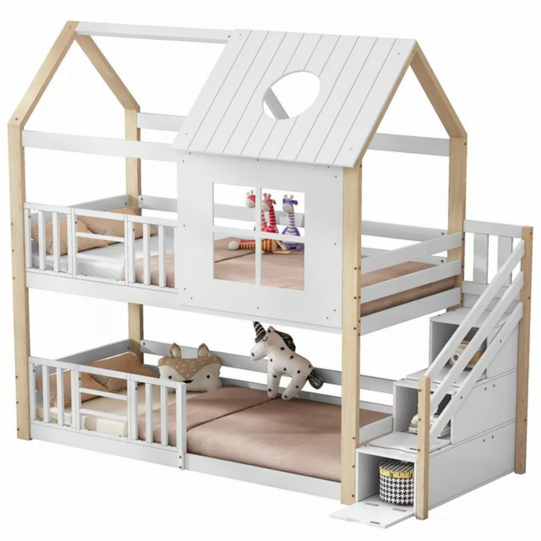 Flieks Etagenbett, Massivholz Hausbett Kinderbett 90x200cm mit Stauraumtrep günstig online kaufen