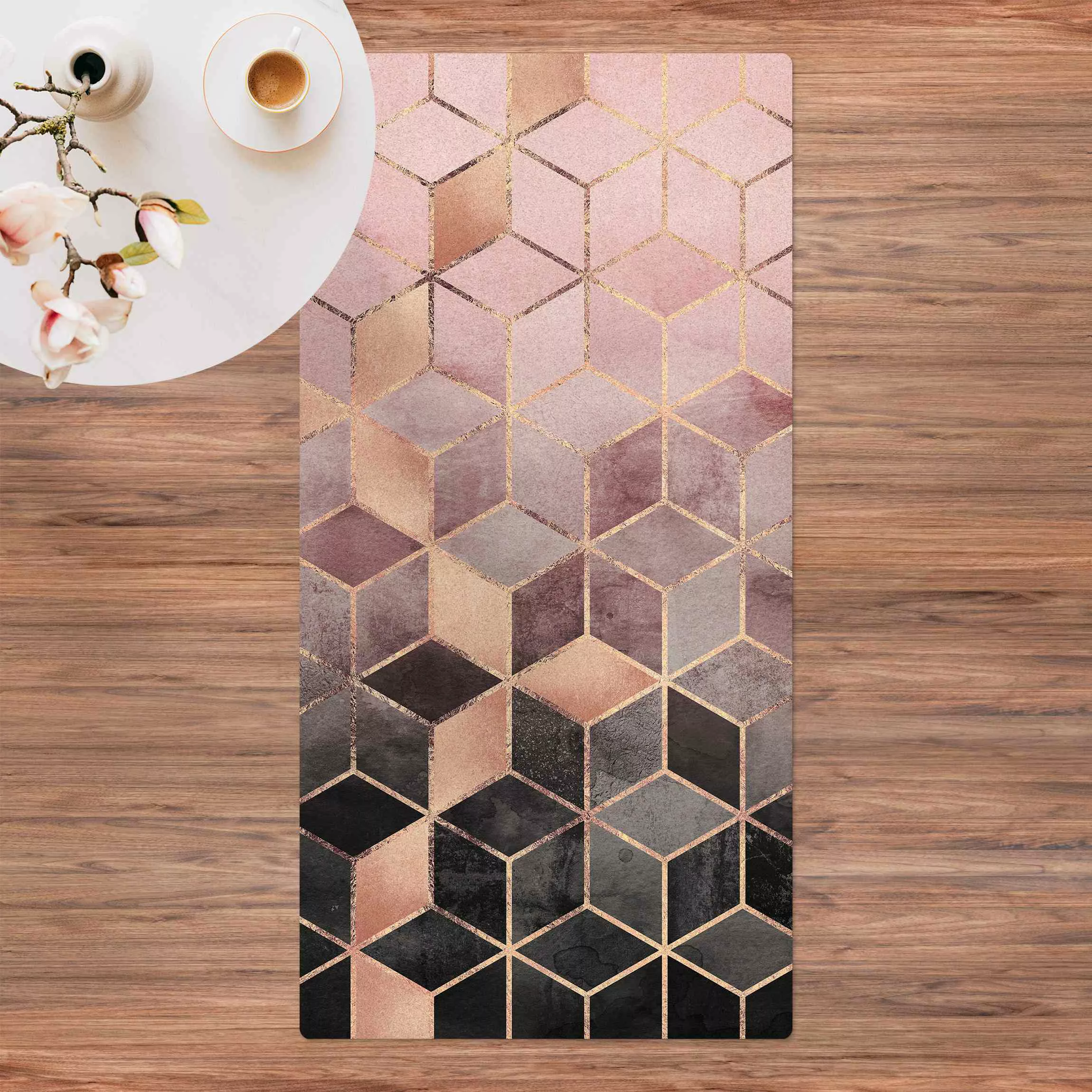 Kork-Teppich Rosa Grau goldene Geometrie günstig online kaufen