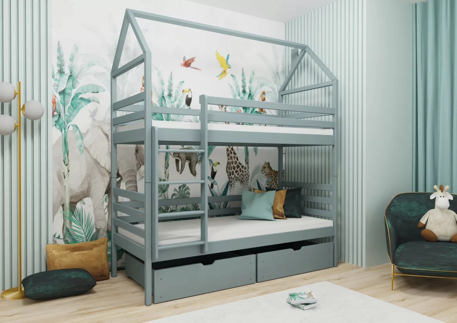 thematys Hausbett Etagenbett für 2 Kinder Stockbett 90x200 cm (in Kiefer Na günstig online kaufen