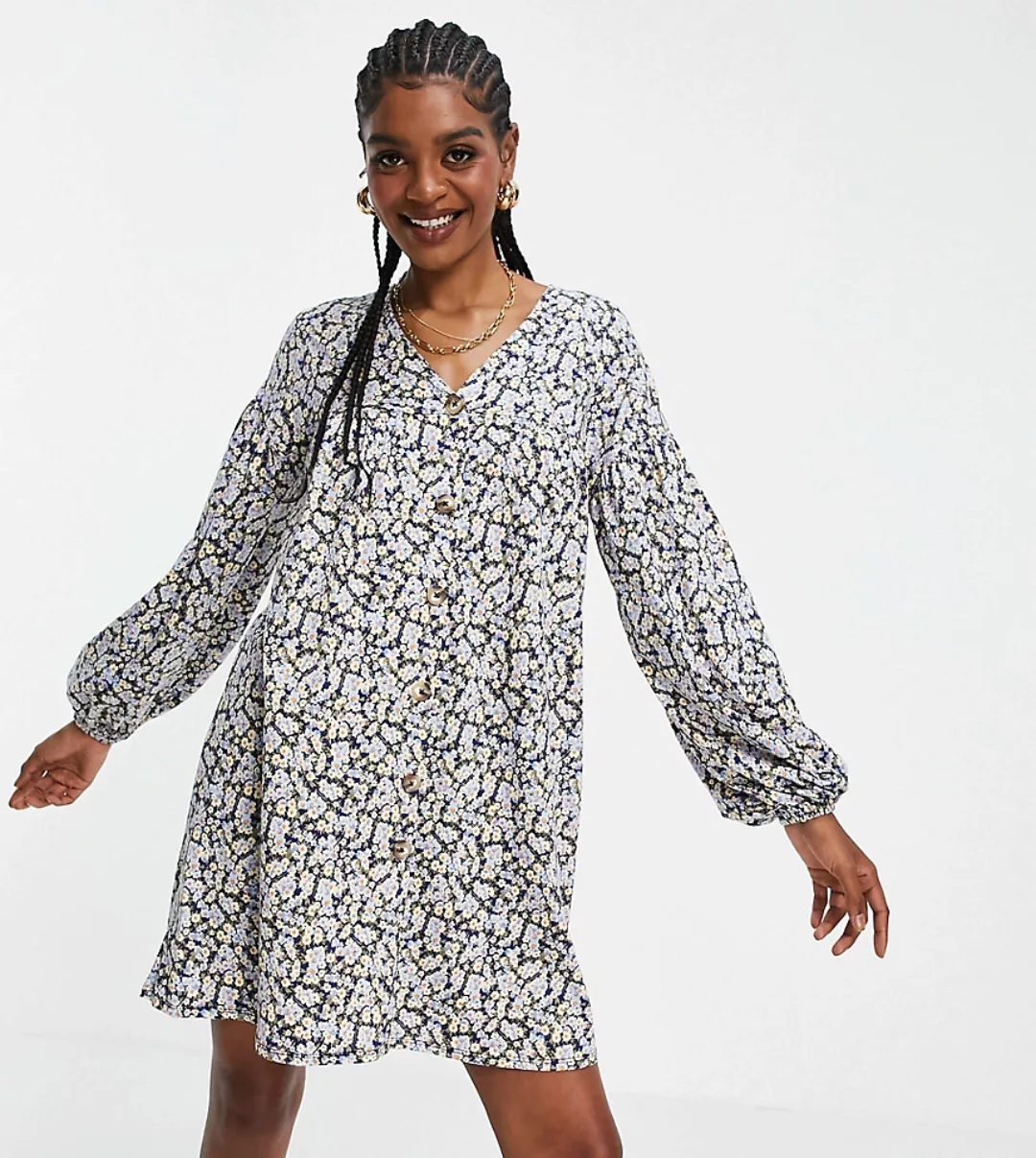 ASOS DESIGN Tall – Durchgeknöpftes, langärmliges Mini-Hängerkleid mit Blume günstig online kaufen