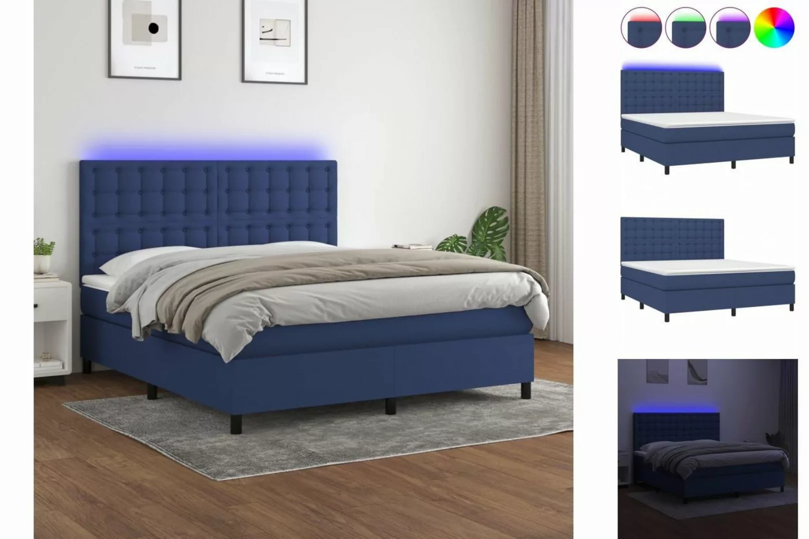 vidaXL Bettgestell Boxspringbett mit Matratze LED Blau 160x200 cm Stoff Bet günstig online kaufen