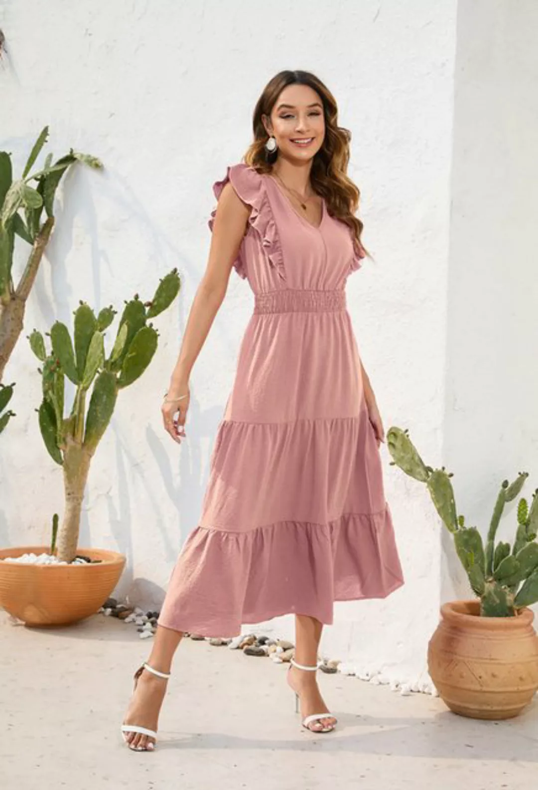 SEGUEN Sommerkleid V-Ausschnitt hohe Taille Kuchen Kleid lang (Einzelpackun günstig online kaufen
