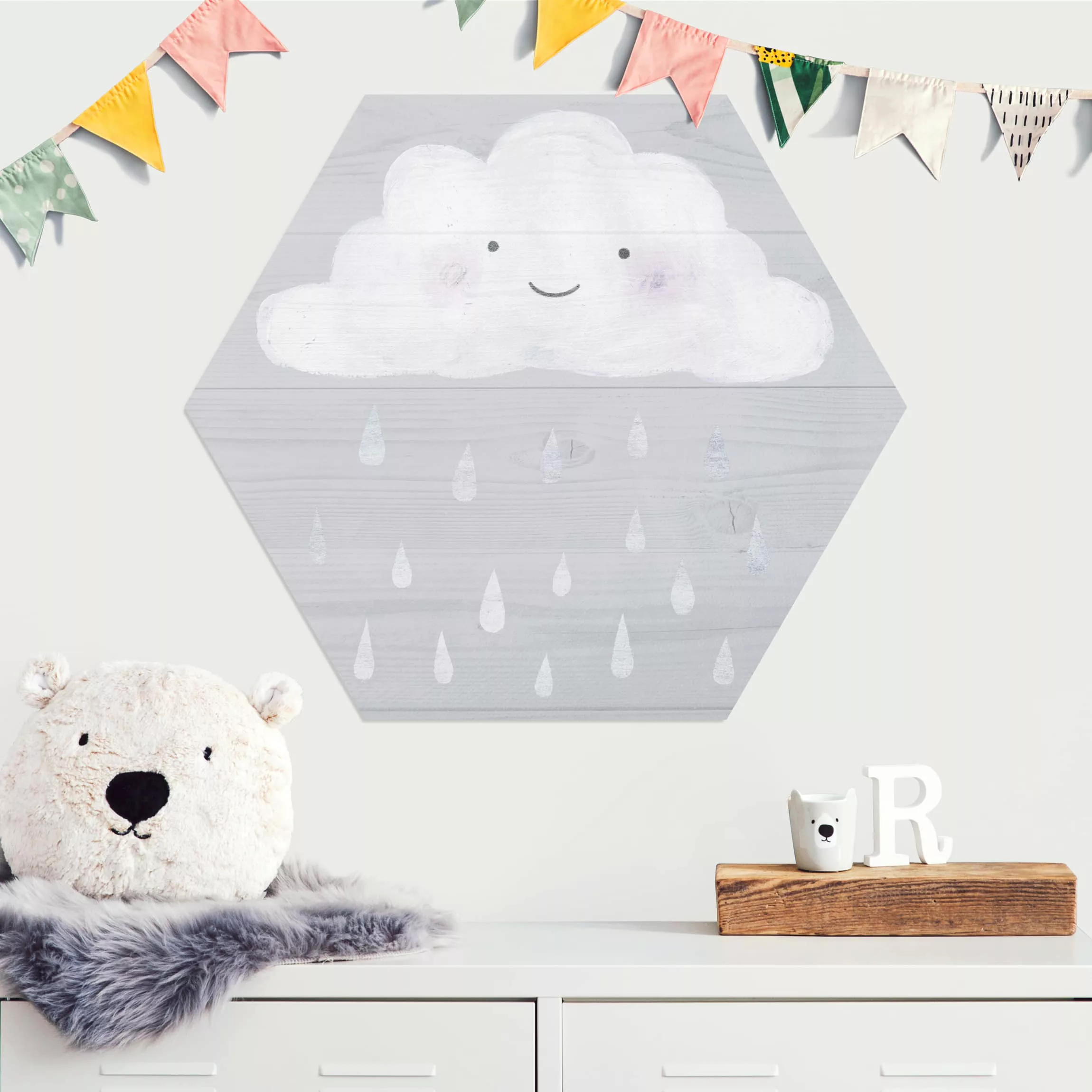 Hexagon-Alu-Dibond Bild Kinderzimmer Wolke mit silbernen Regentropfen günstig online kaufen